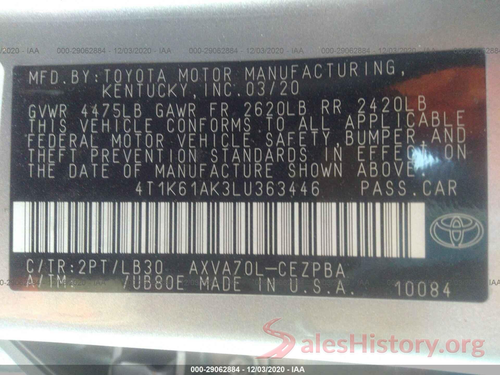 4T1K61AK3LU363446 2020 TOYOTA CAMRY