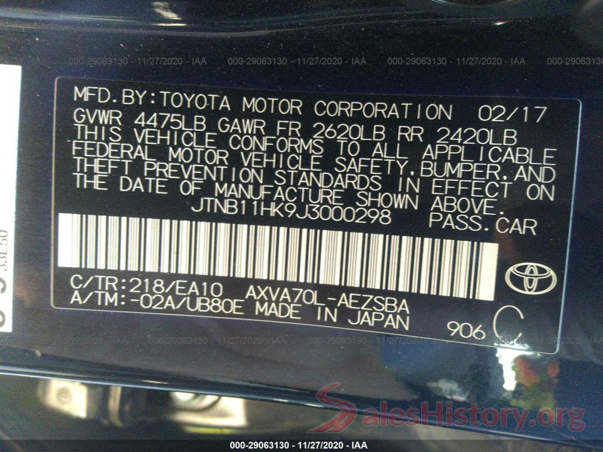 JTNB11HK9J3000298 2018 TOYOTA CAMRY