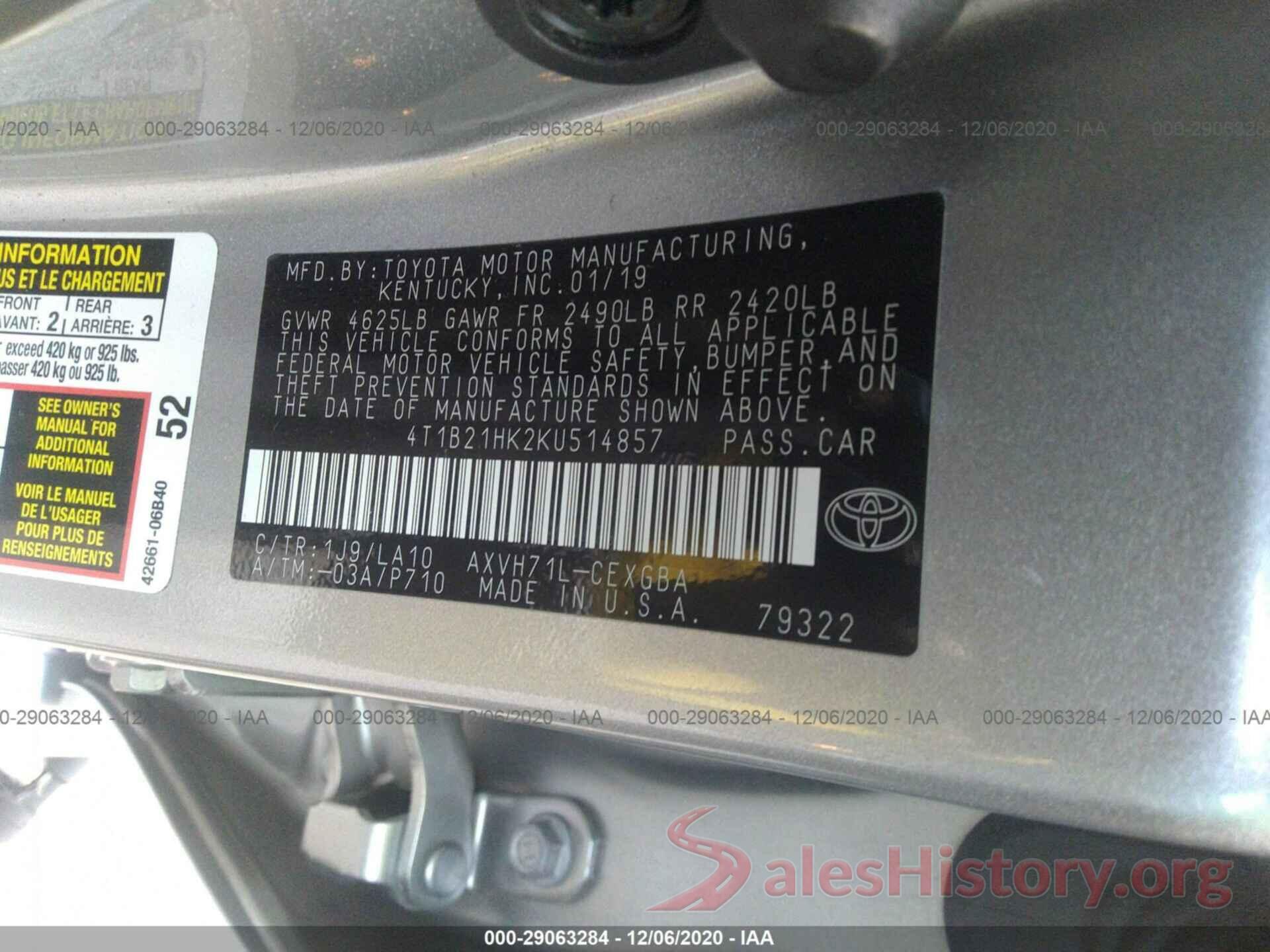 4T1B21HK2KU514857 2019 TOYOTA CAMRY