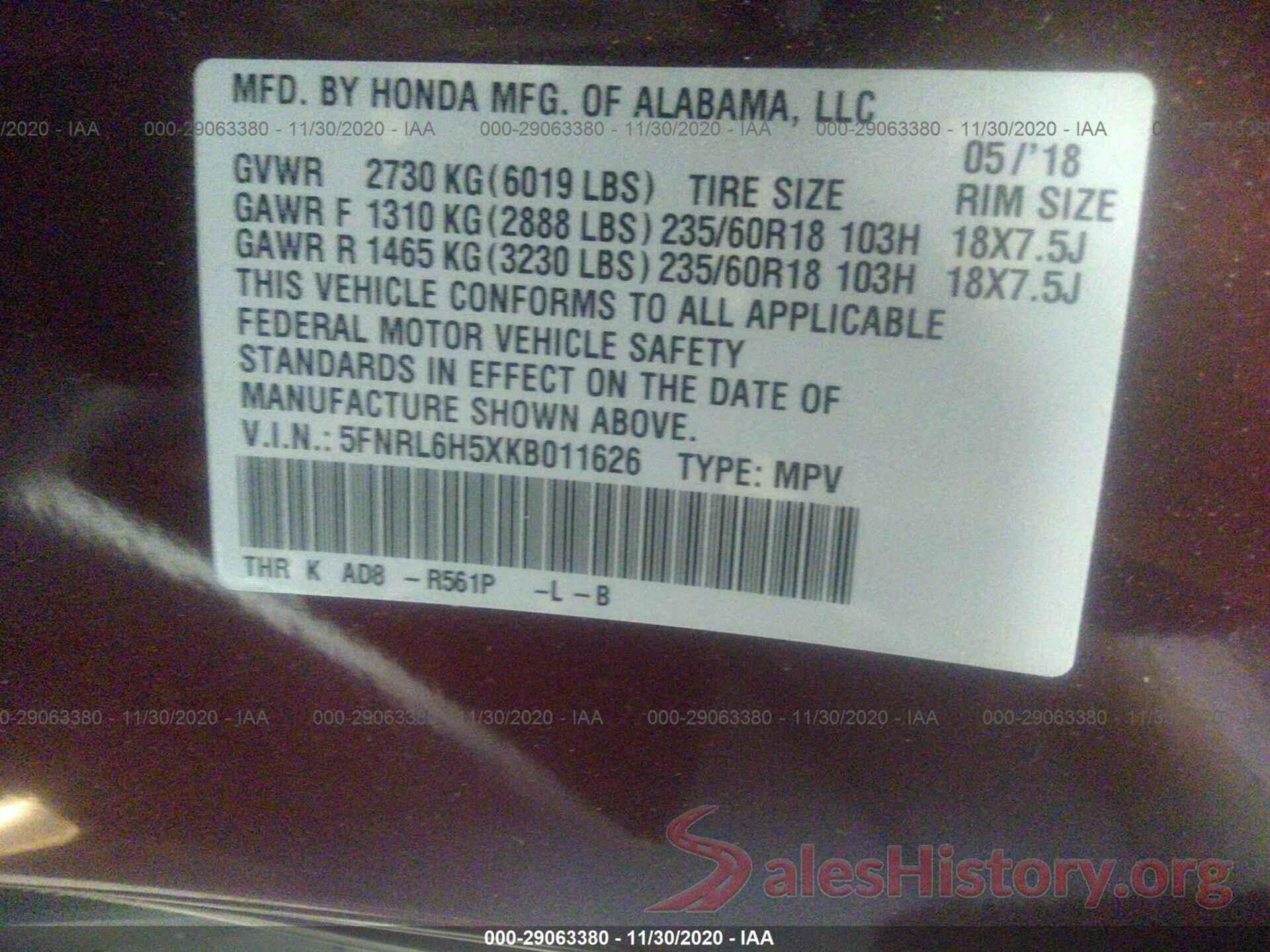 5FNRL6H5XKB011626 2019 HONDA ODYSSEY