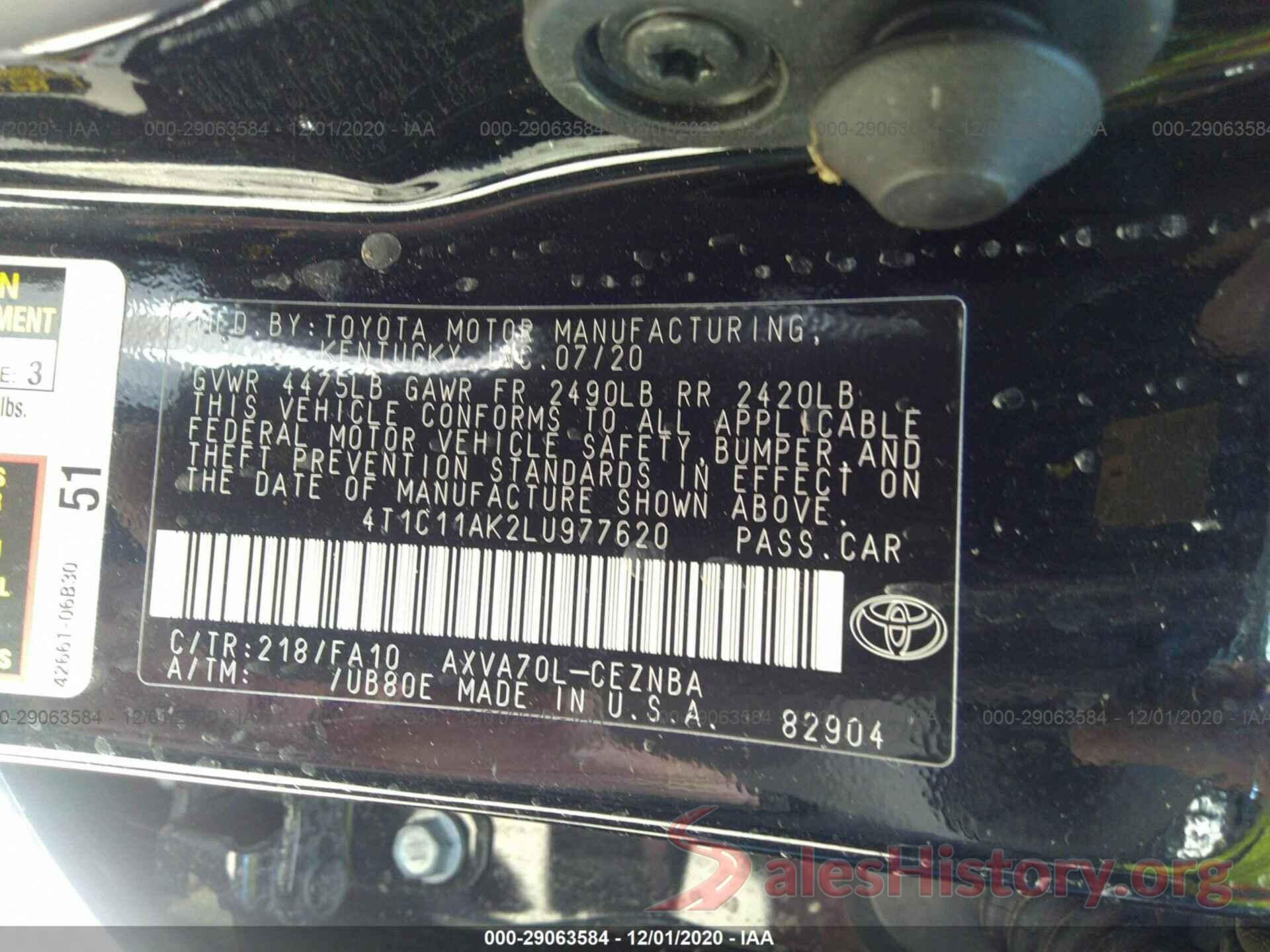 4T1C11AK2LU977620 2020 TOYOTA CAMRY