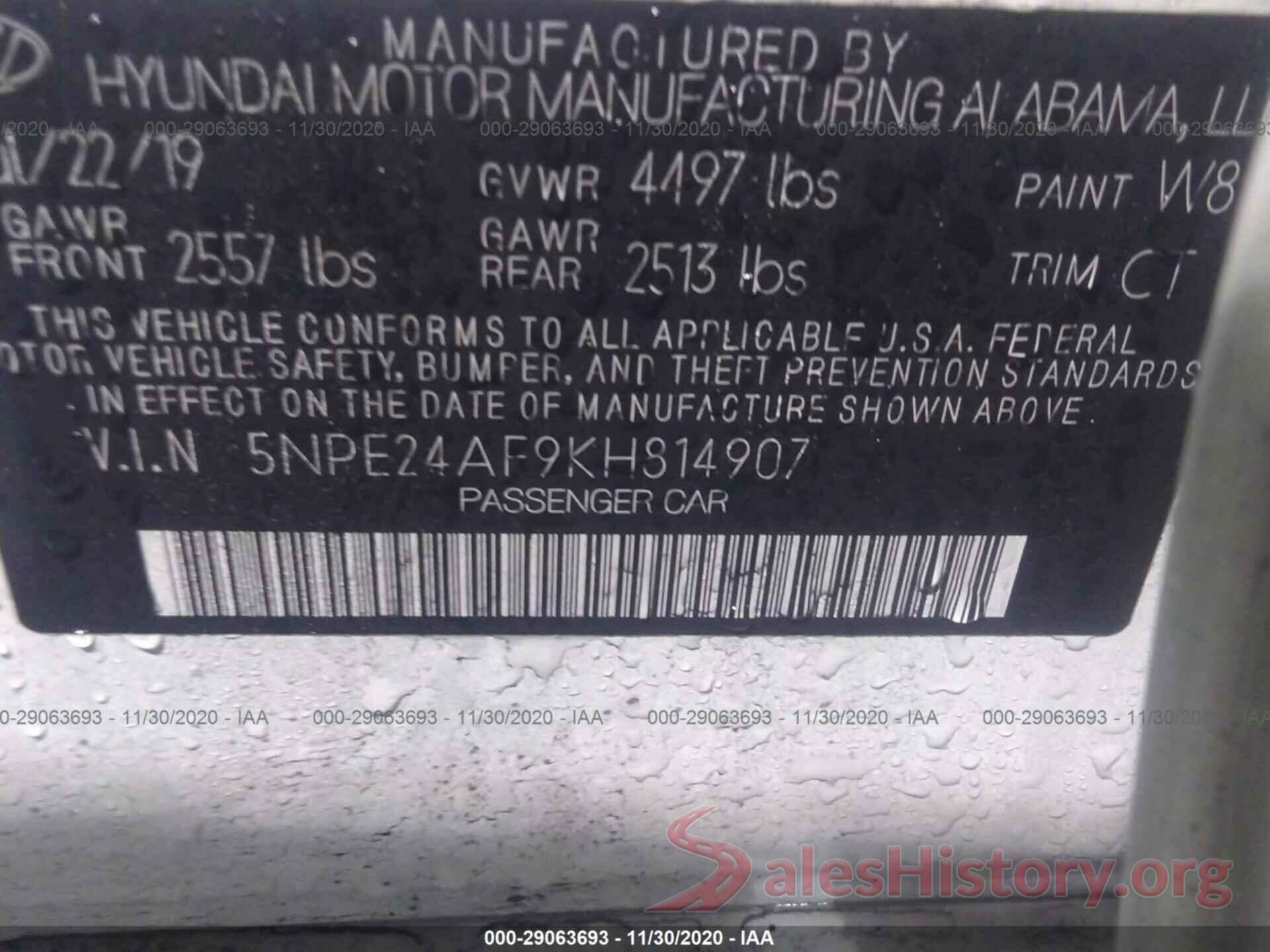 5NPE24AF9KH814907 2019 HYUNDAI SONATA