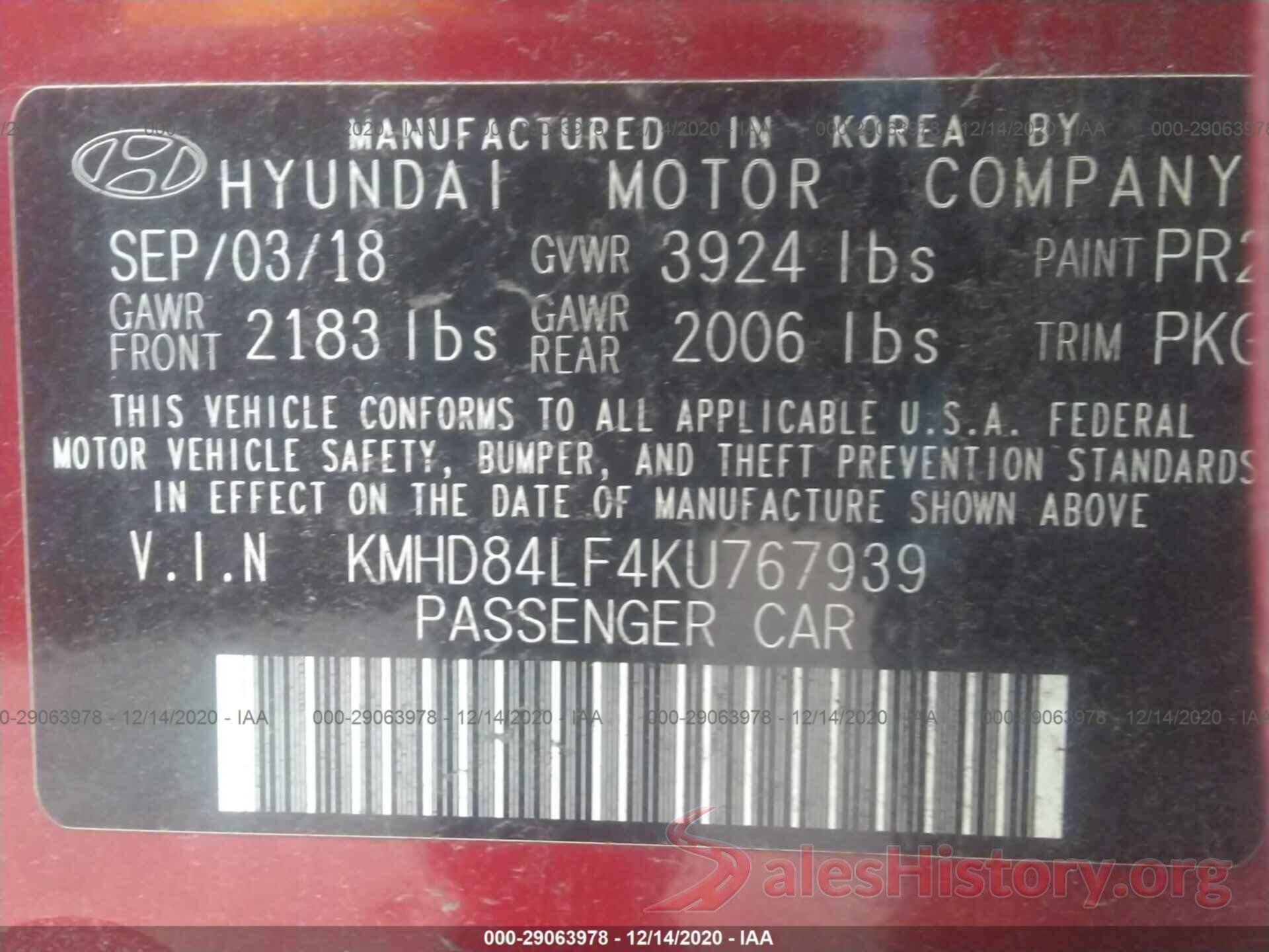 KMHD84LF4KU767939 2019 HYUNDAI ELANTRA