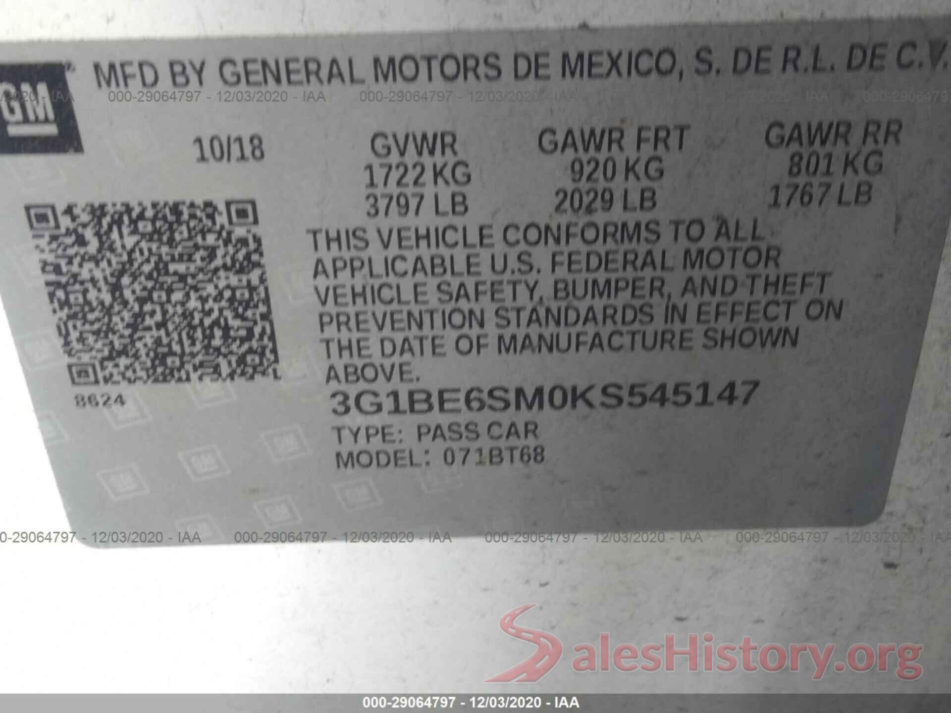 3G1BE6SM0KS545147 2019 CHEVROLET CRUZE