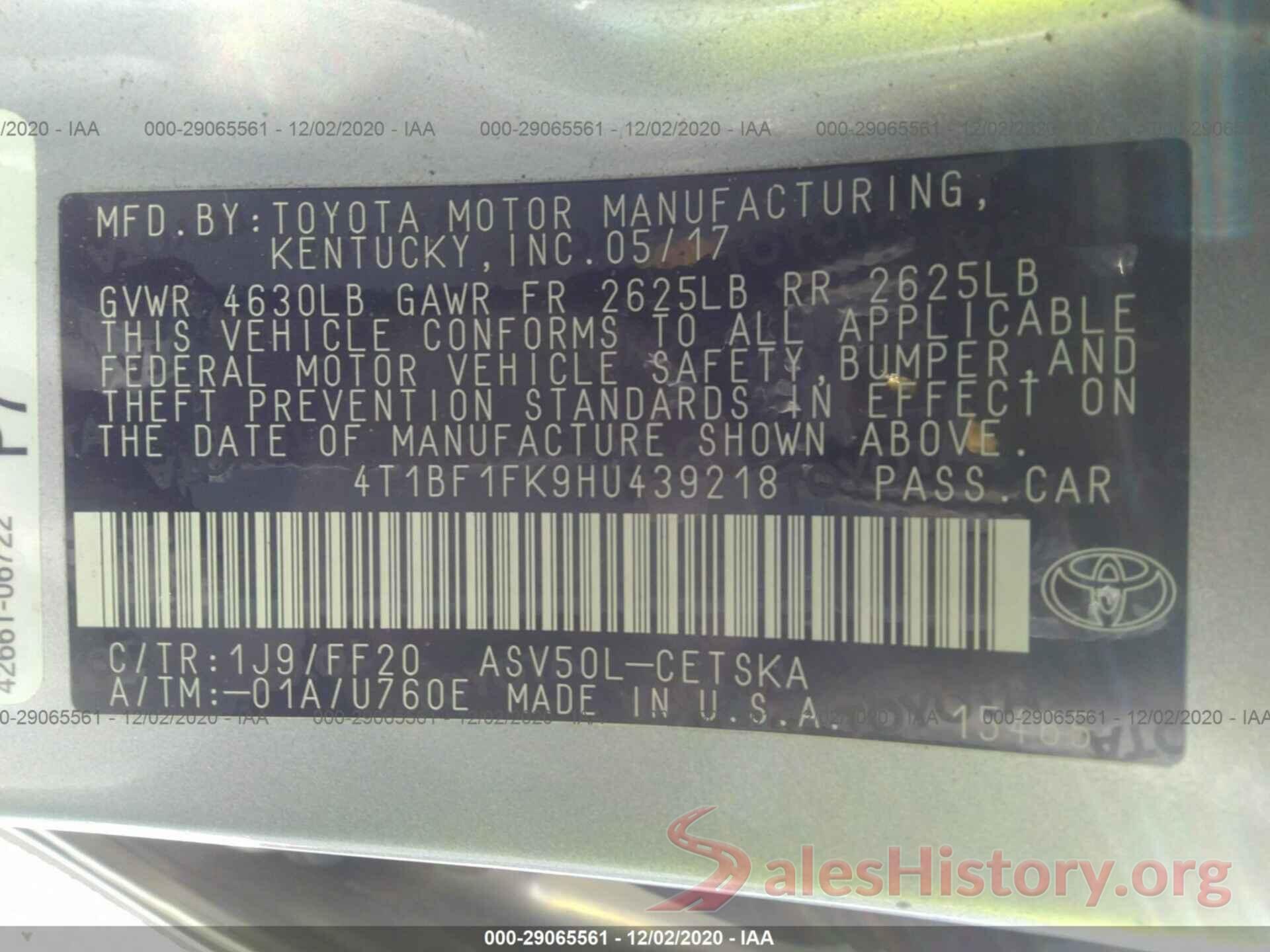 4T1BF1FK9HU439218 2017 TOYOTA CAMRY