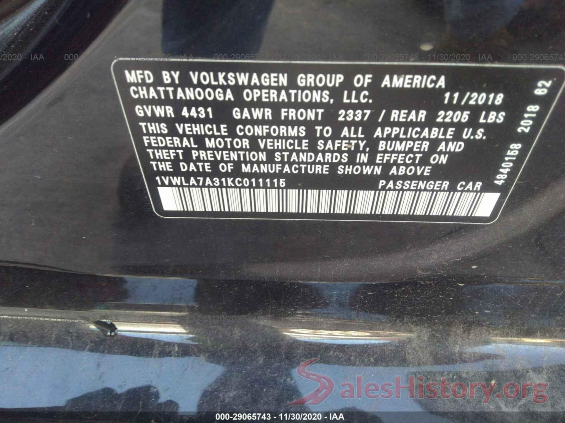 1VWLA7A31KC011115 2019 VOLKSWAGEN PASSAT