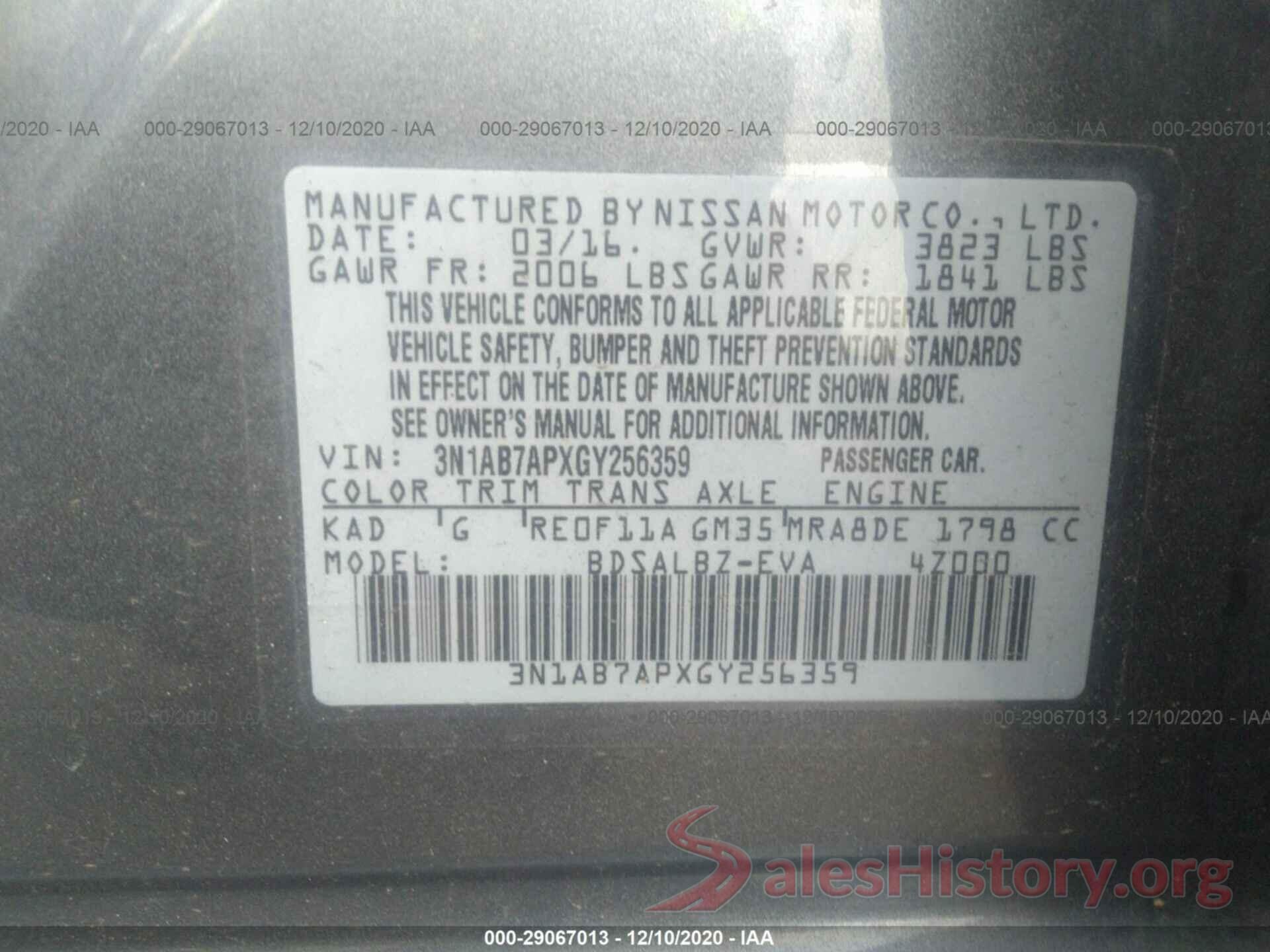 3N1AB7APXGY256359 2016 NISSAN SENTRA