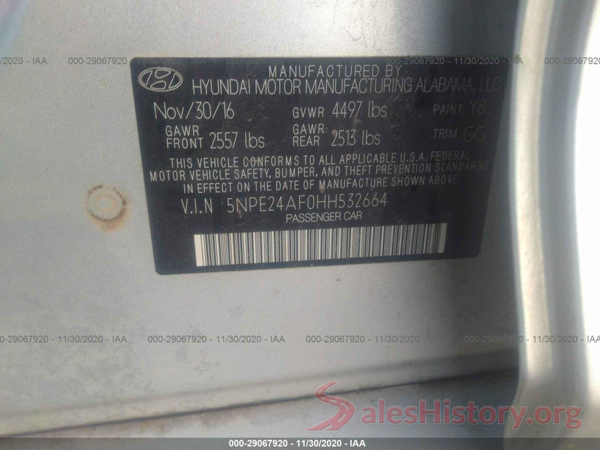 5NPE24AF0HH532664 2017 HYUNDAI SONATA