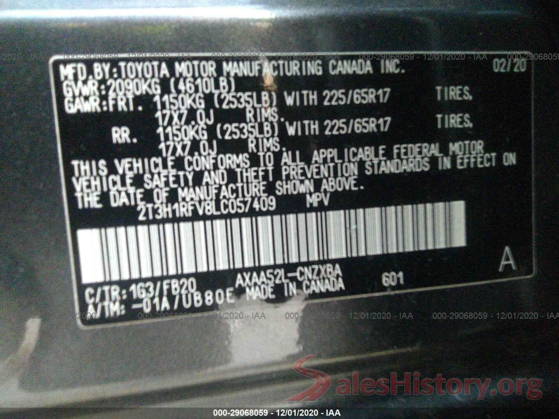 2T3H1RFV8LC057409 2020 TOYOTA RAV4