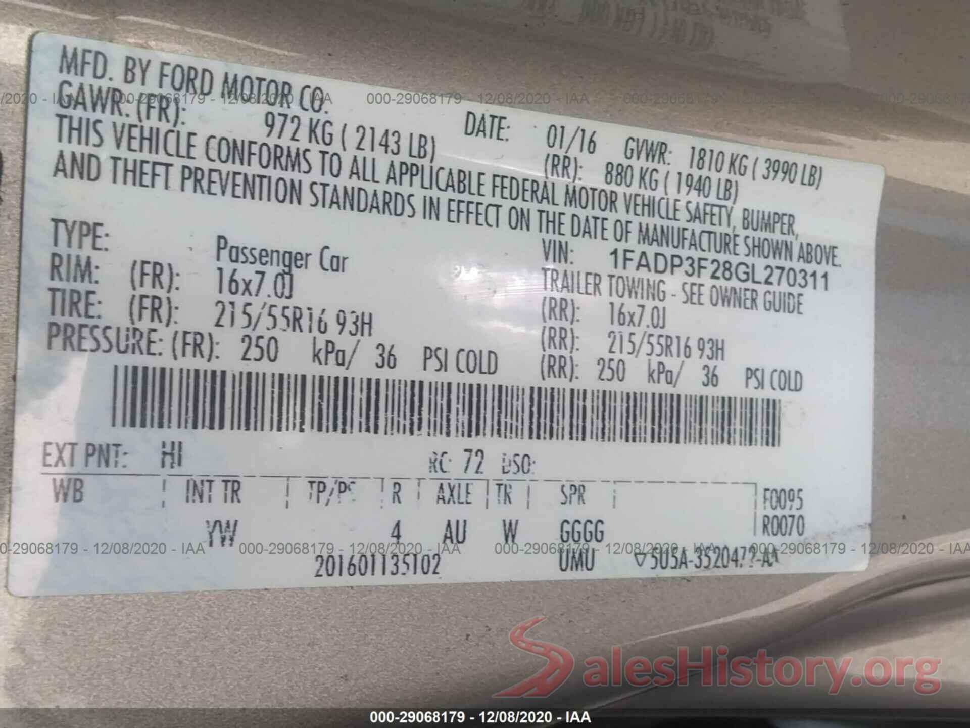 1FADP3F28GL270311 2016 FORD FOCUS