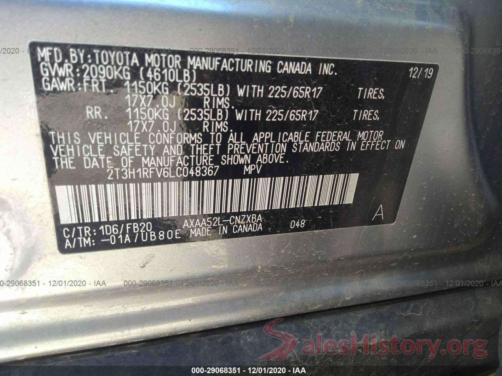 2T3H1RFV6LC048367 2020 TOYOTA RAV4