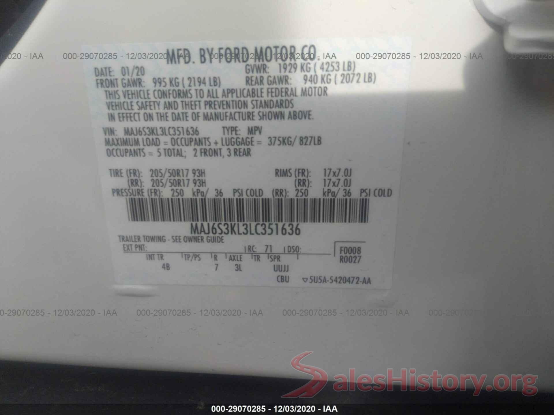 MAJ6S3KL3LC351636 2020 FORD ECOSPORT