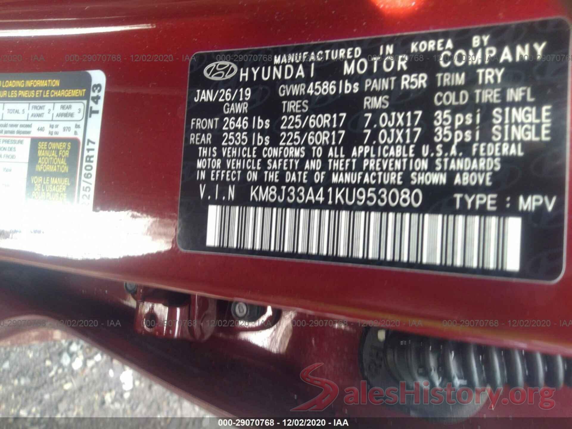 KM8J33A41KU953080 2019 HYUNDAI TUCSON