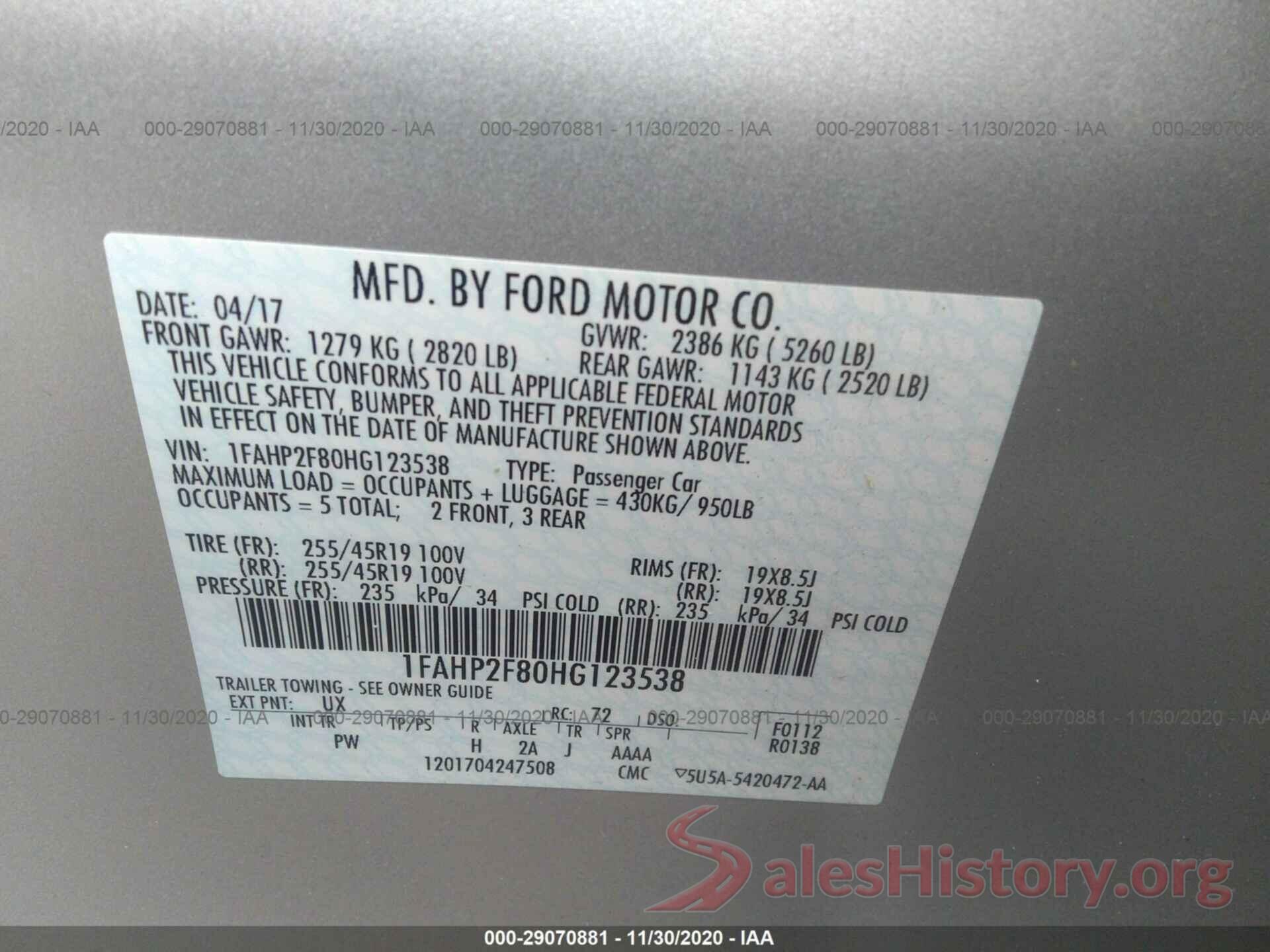 1FAHP2F80HG123538 2017 FORD TAURUS