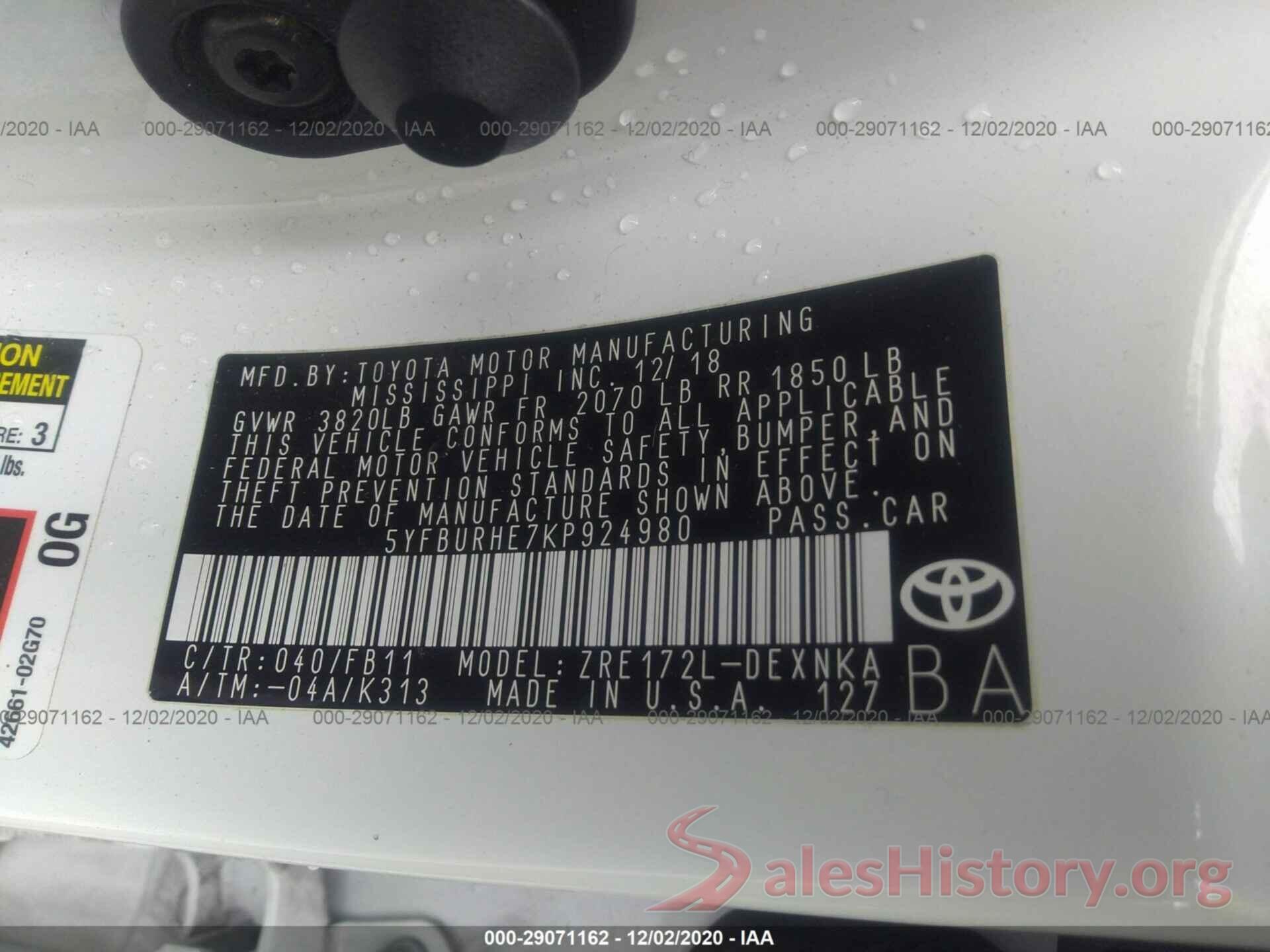 5YFBURHE7KP924980 2019 TOYOTA COROLLA