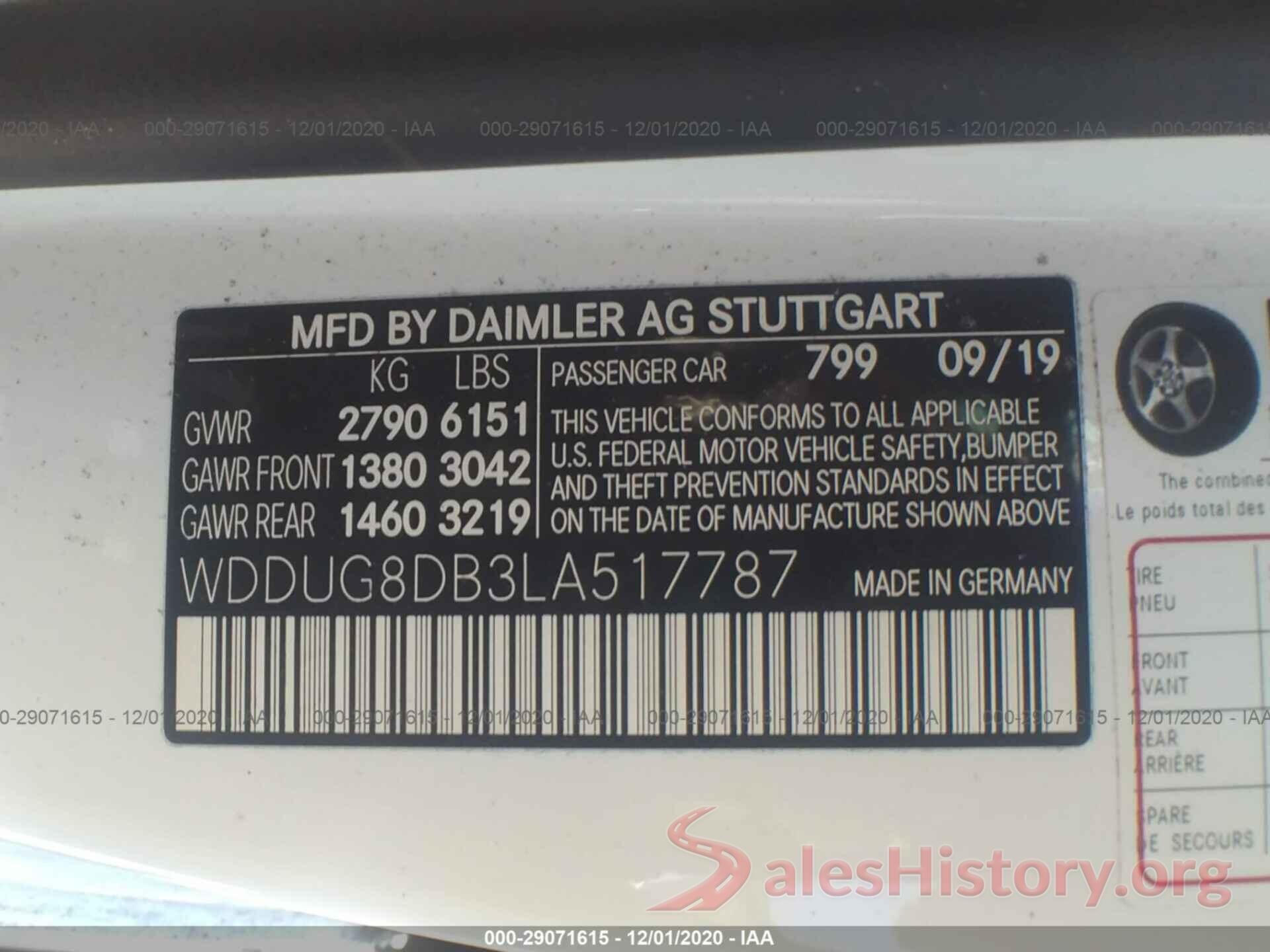 WDDUG8DB3LA517787 2020 MERCEDES-BENZ S-CLASS