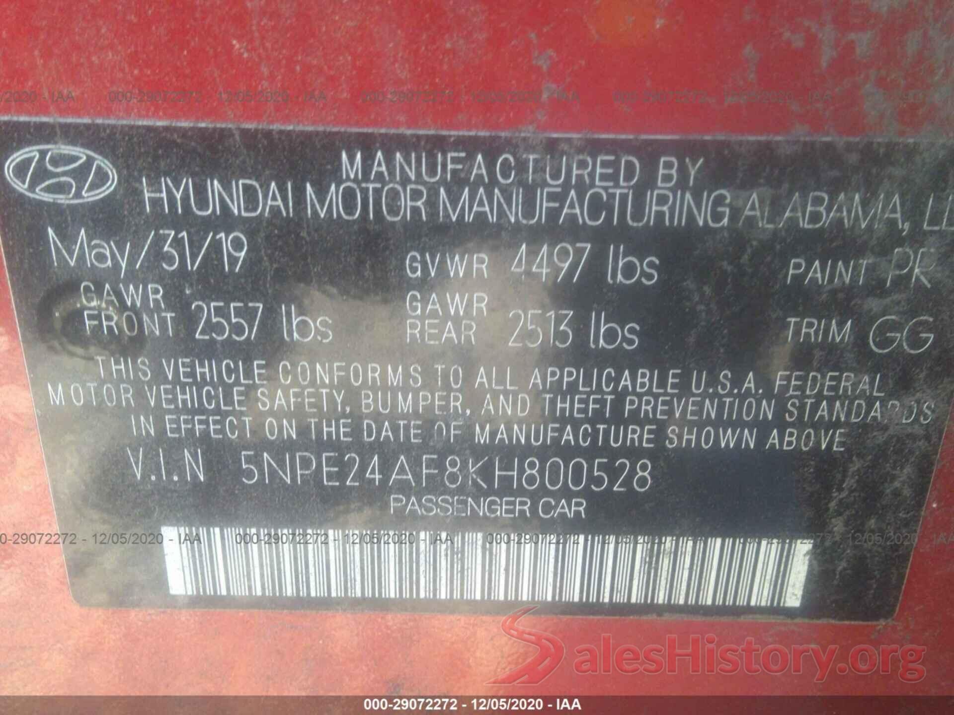 5NPE24AF8KH800528 2019 HYUNDAI SONATA