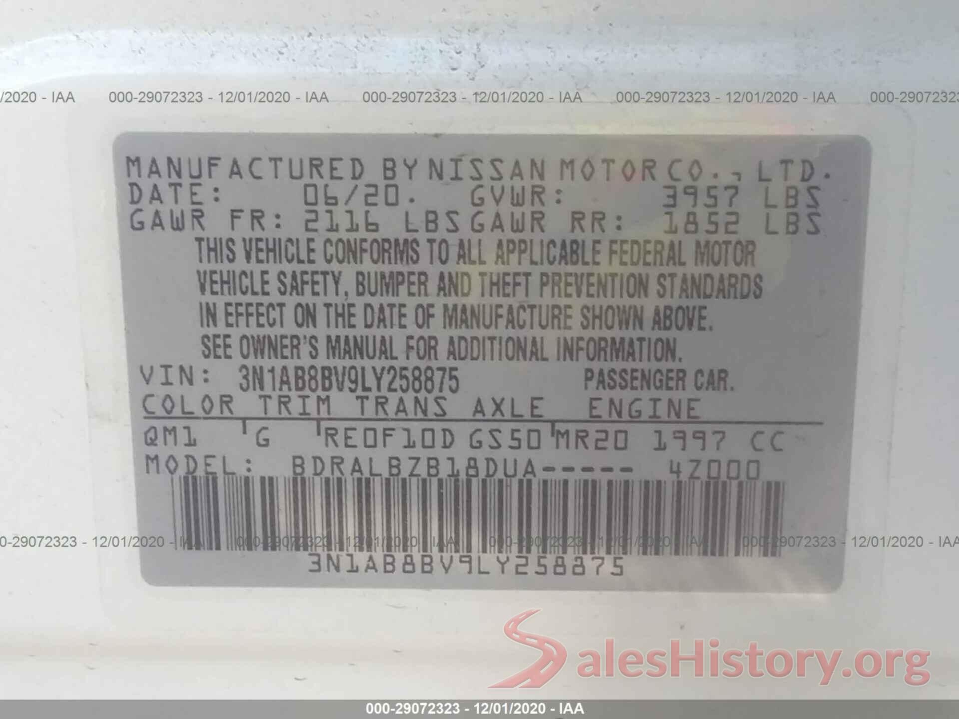 3N1AB8BV9LY258875 2020 NISSAN SENTRA