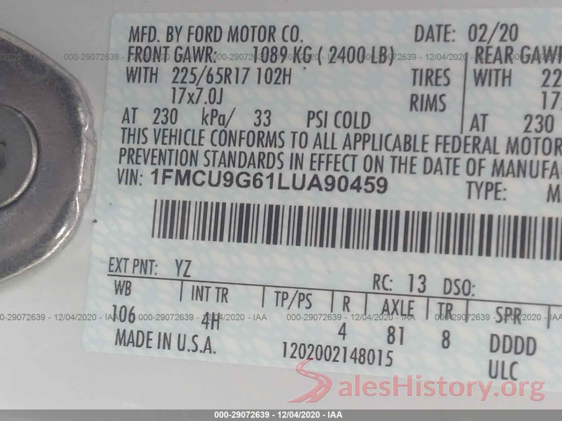 1FMCU9G61LUA90459 2020 FORD ESCAPE