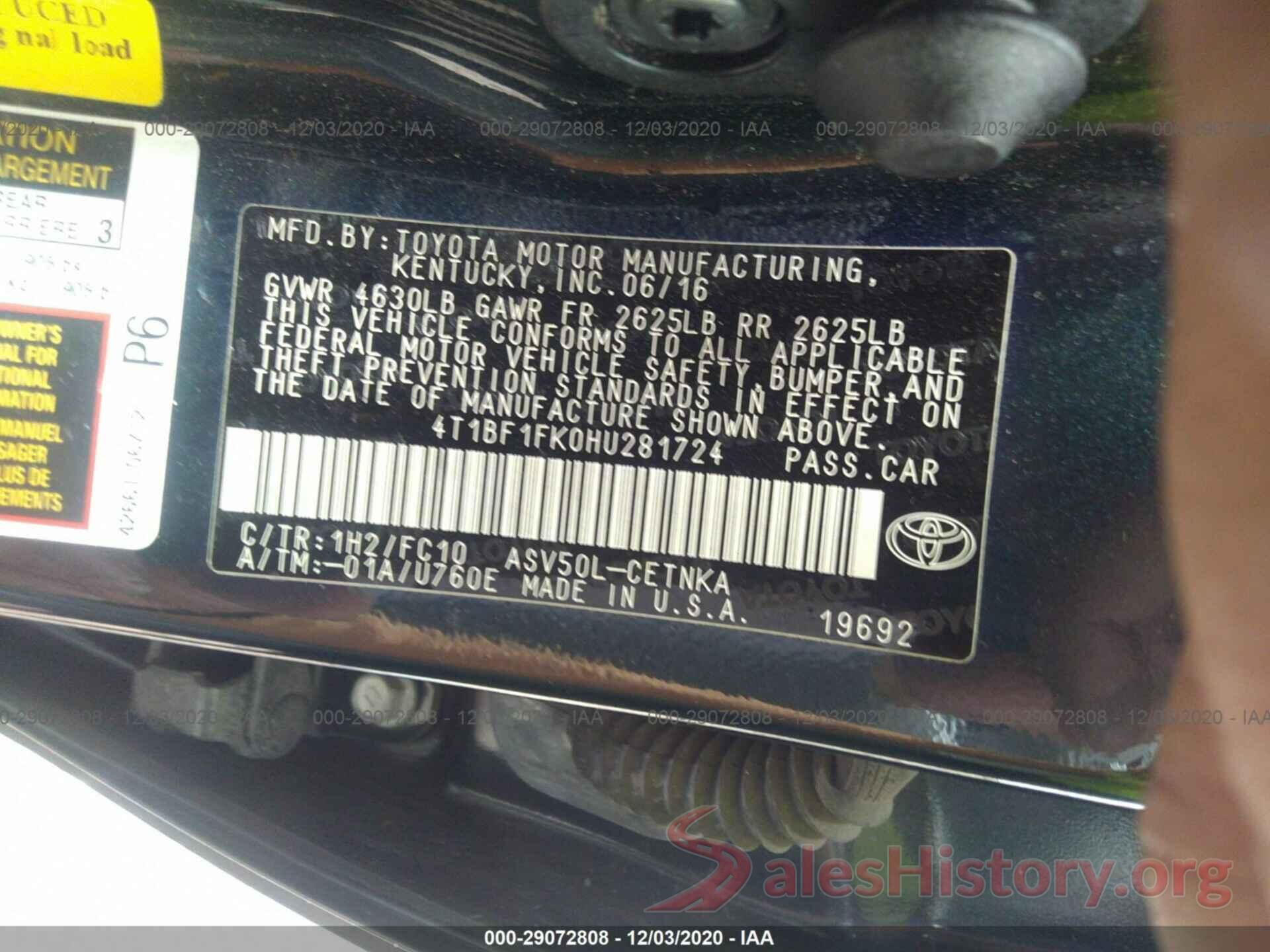 4T1BF1FK0HU281724 2017 TOYOTA CAMRY