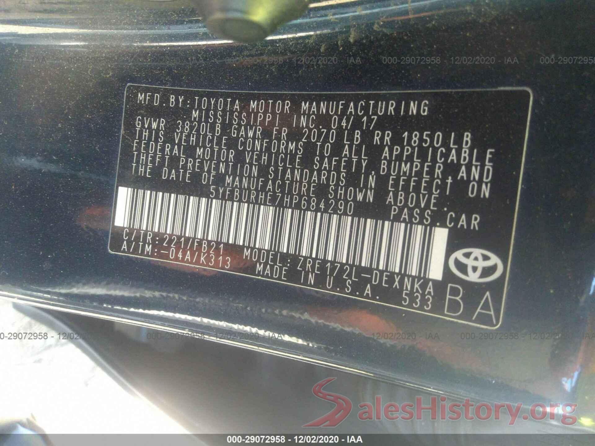 5YFBURHE7HP684290 2017 TOYOTA COROLLA