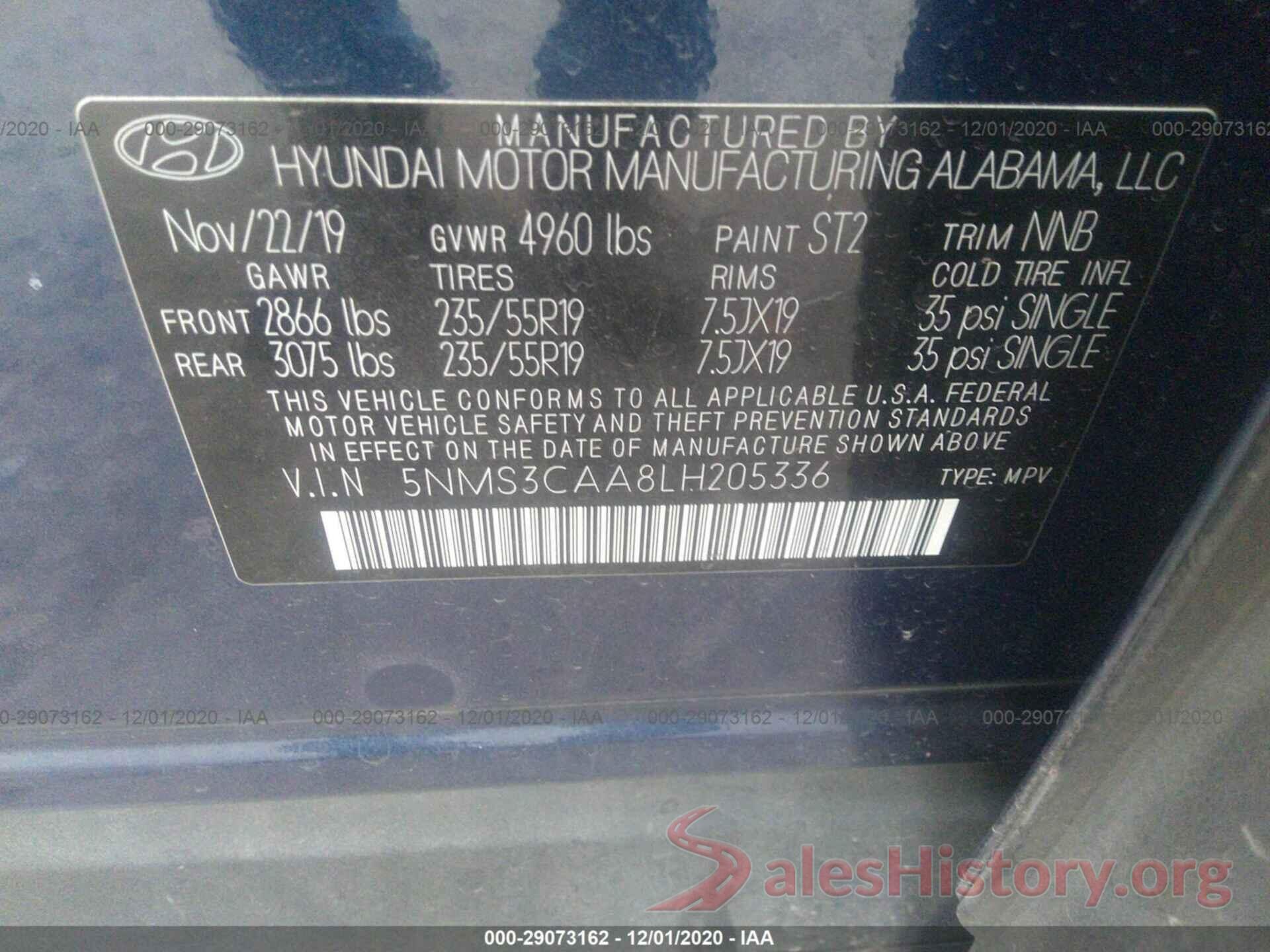 5NMS3CAA8LH205336 2020 HYUNDAI SANTA FE