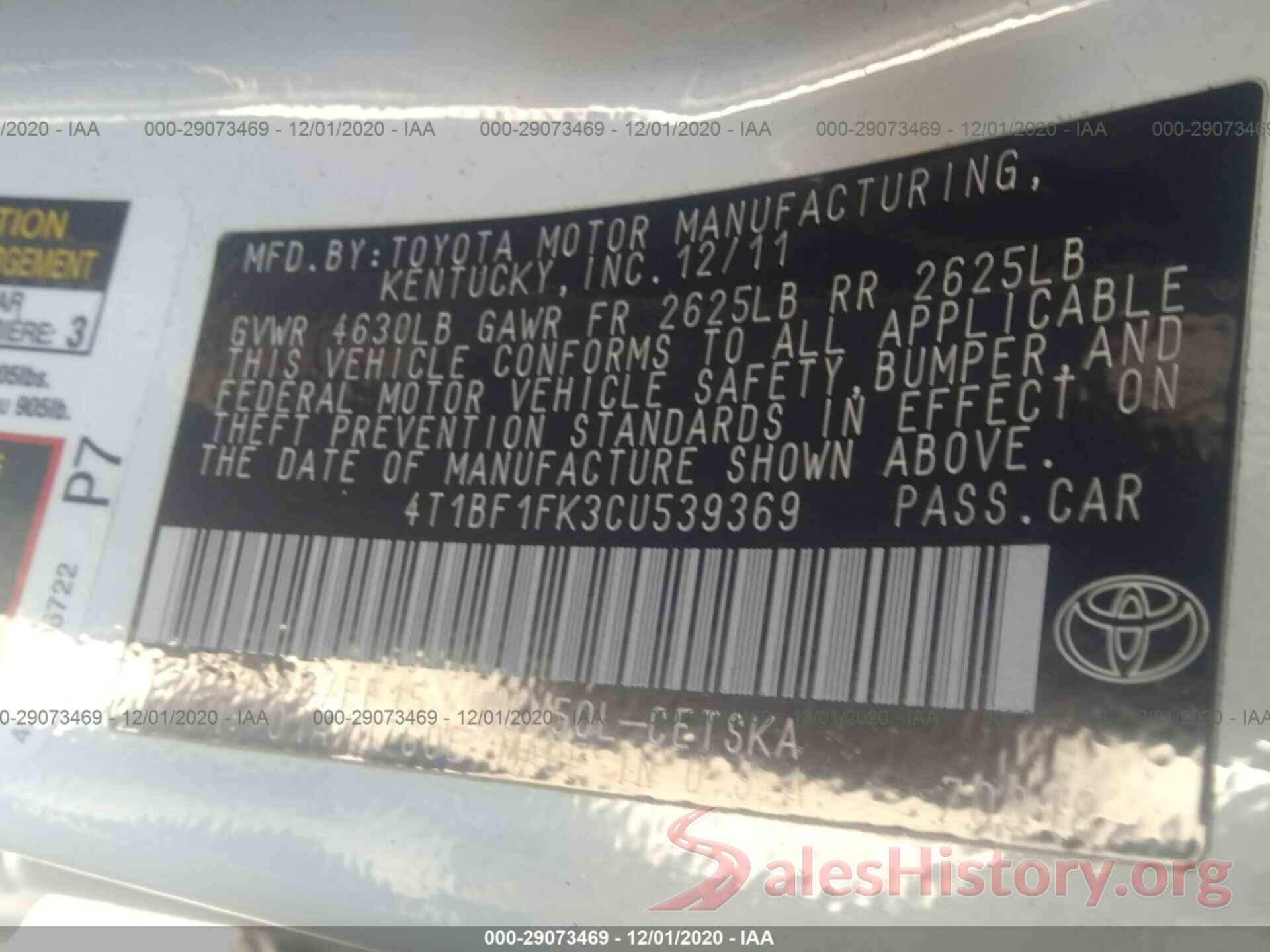 4T1BF1FK3CU539369 2012 TOYOTA CAMRY