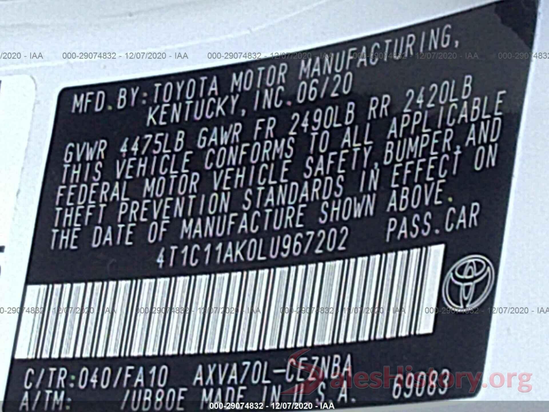 4T1C11AK0LU967202 2020 TOYOTA CAMRY