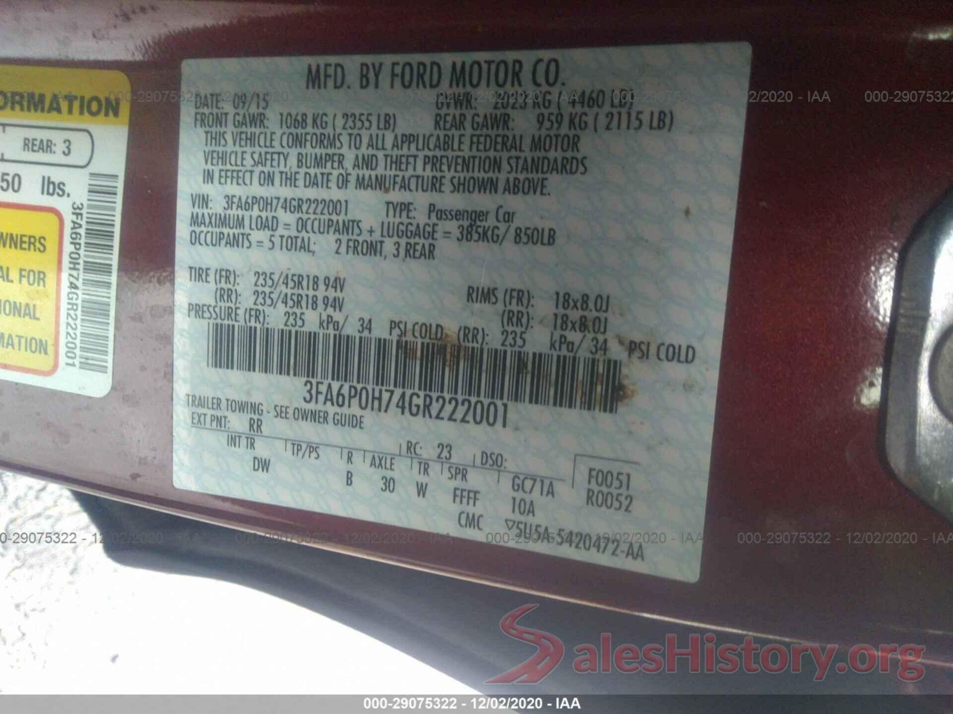 3FA6P0H74GR222001 2016 FORD FUSION