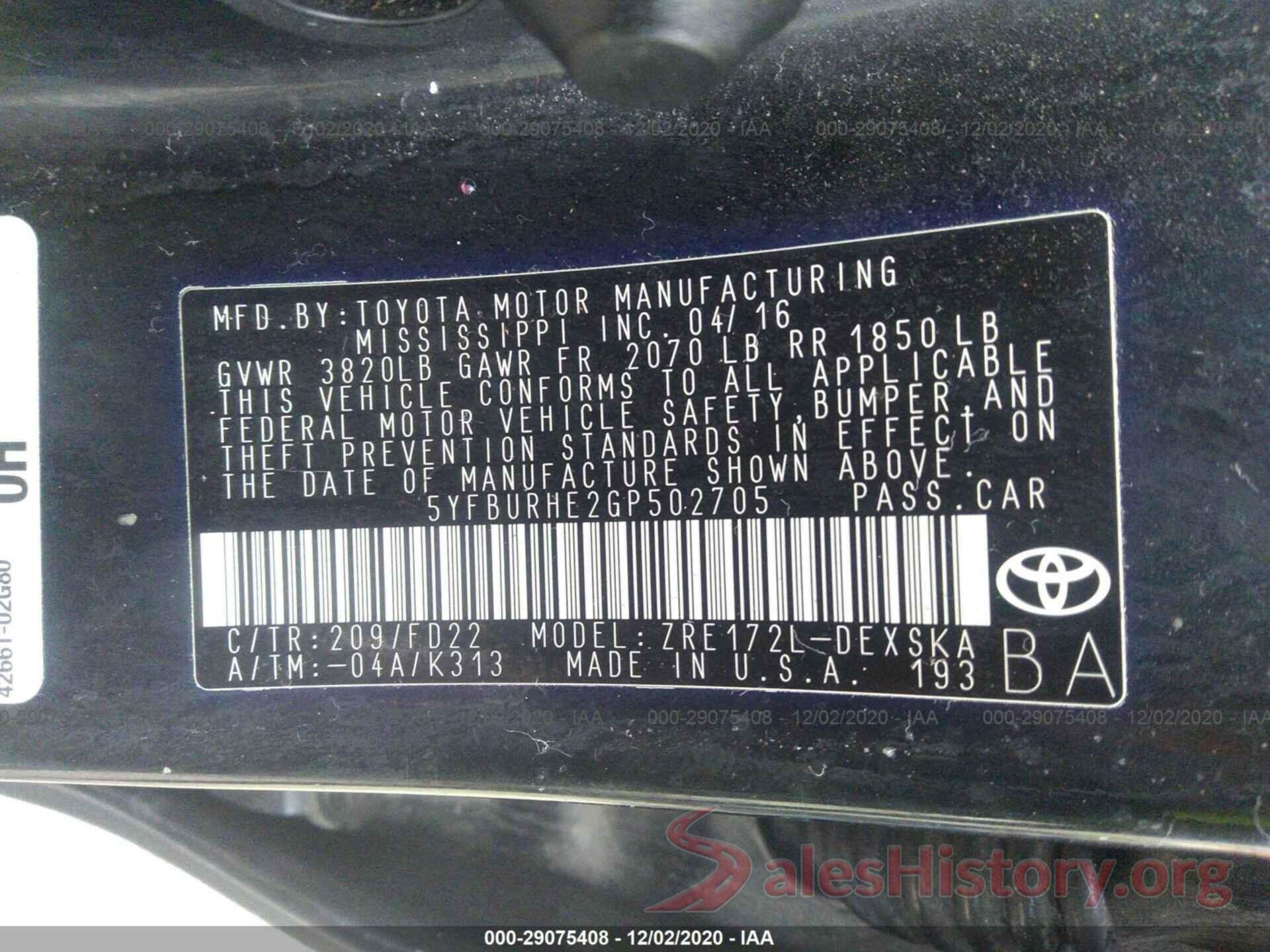 5YFBURHE2GP502705 2016 TOYOTA COROLLA