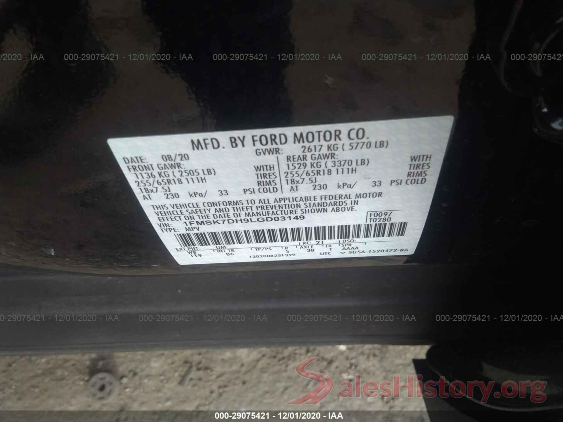 1FMSK7DH9LGD03149 2020 FORD EXPLORER