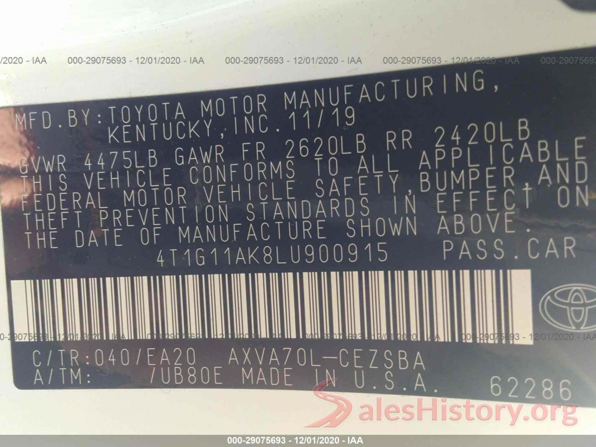 4T1G11AK8LU900915 2020 TOYOTA CAMRY