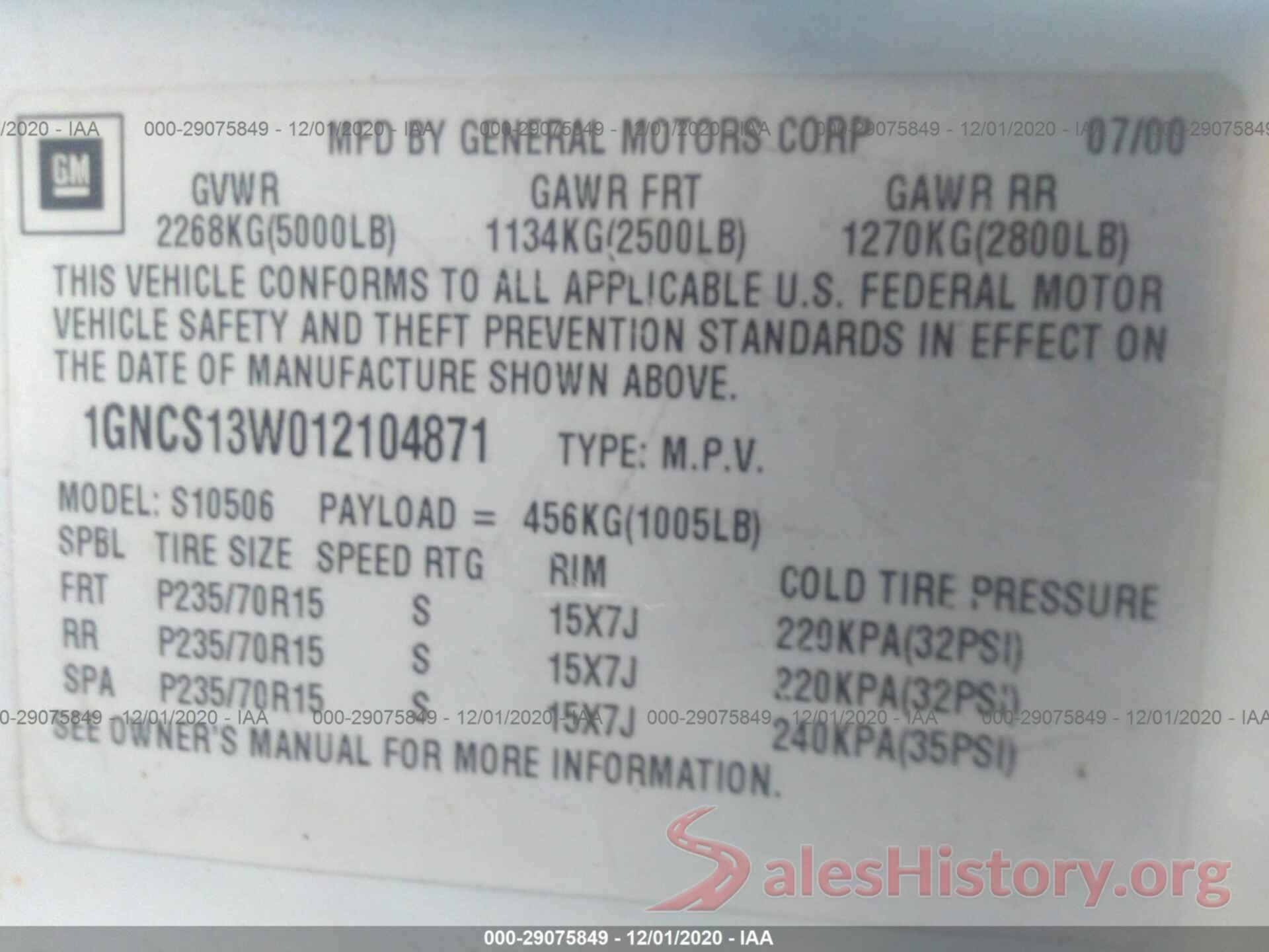 1GNCS13W012104871 2001 CHEVROLET BLAZER