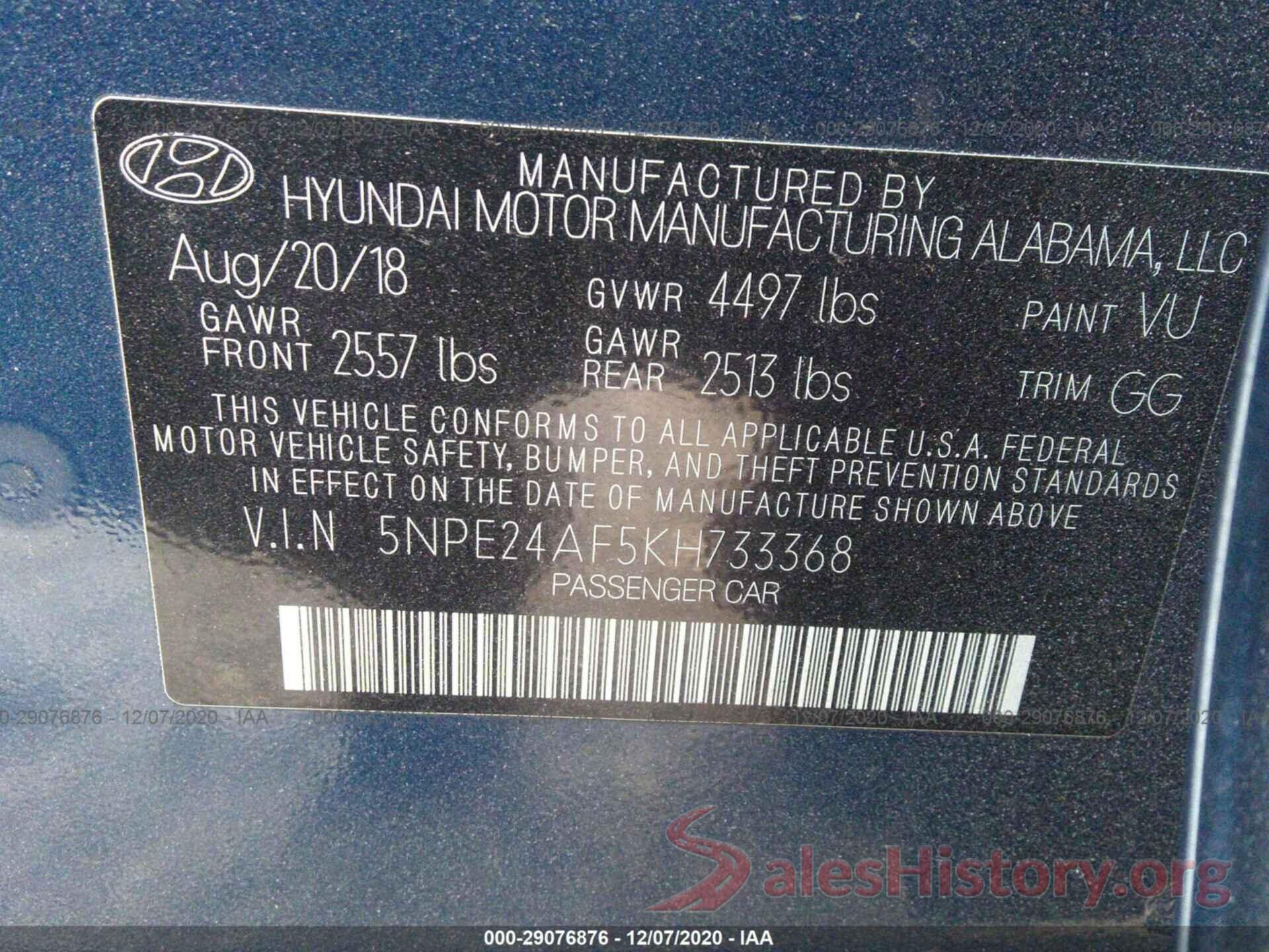 5NPE24AF5KH733368 2019 HYUNDAI SONATA