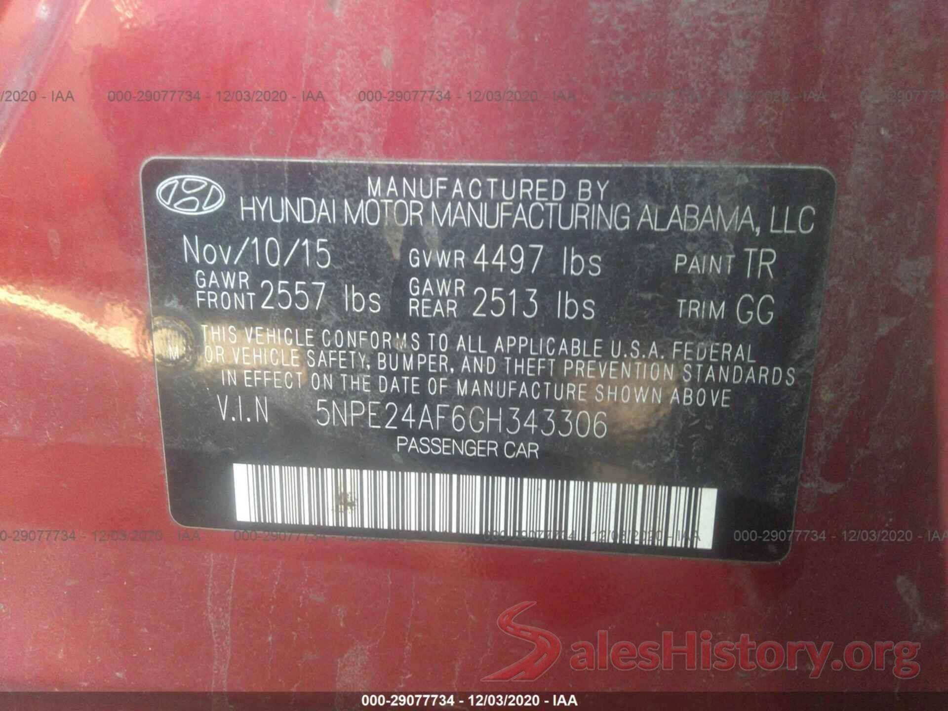 5NPE24AF6GH343306 2016 HYUNDAI SONATA