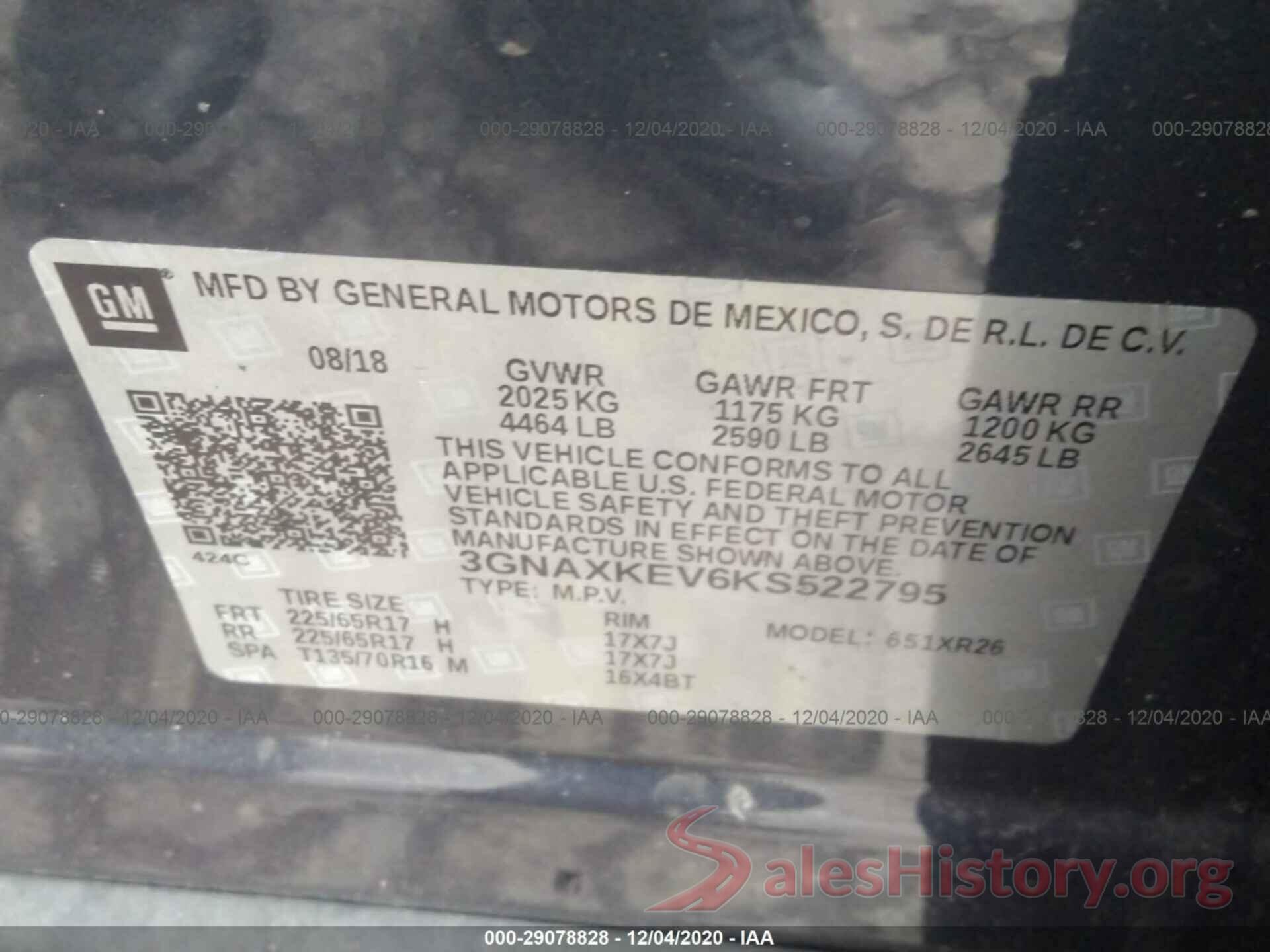 3GNAXKEV6KS522795 2019 CHEVROLET EQUINOX