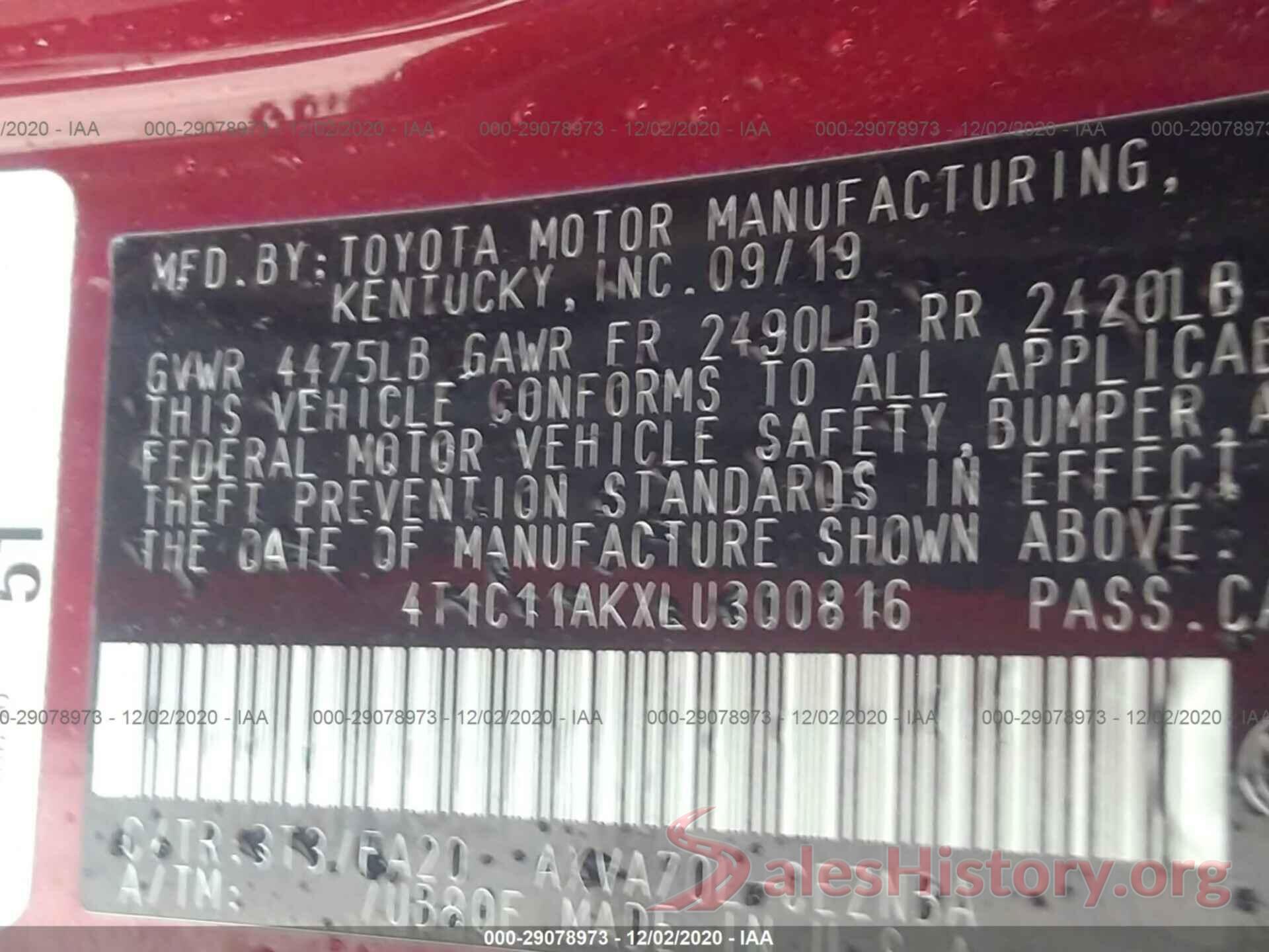 4T1C11AKXLU300816 2020 TOYOTA CAMRY