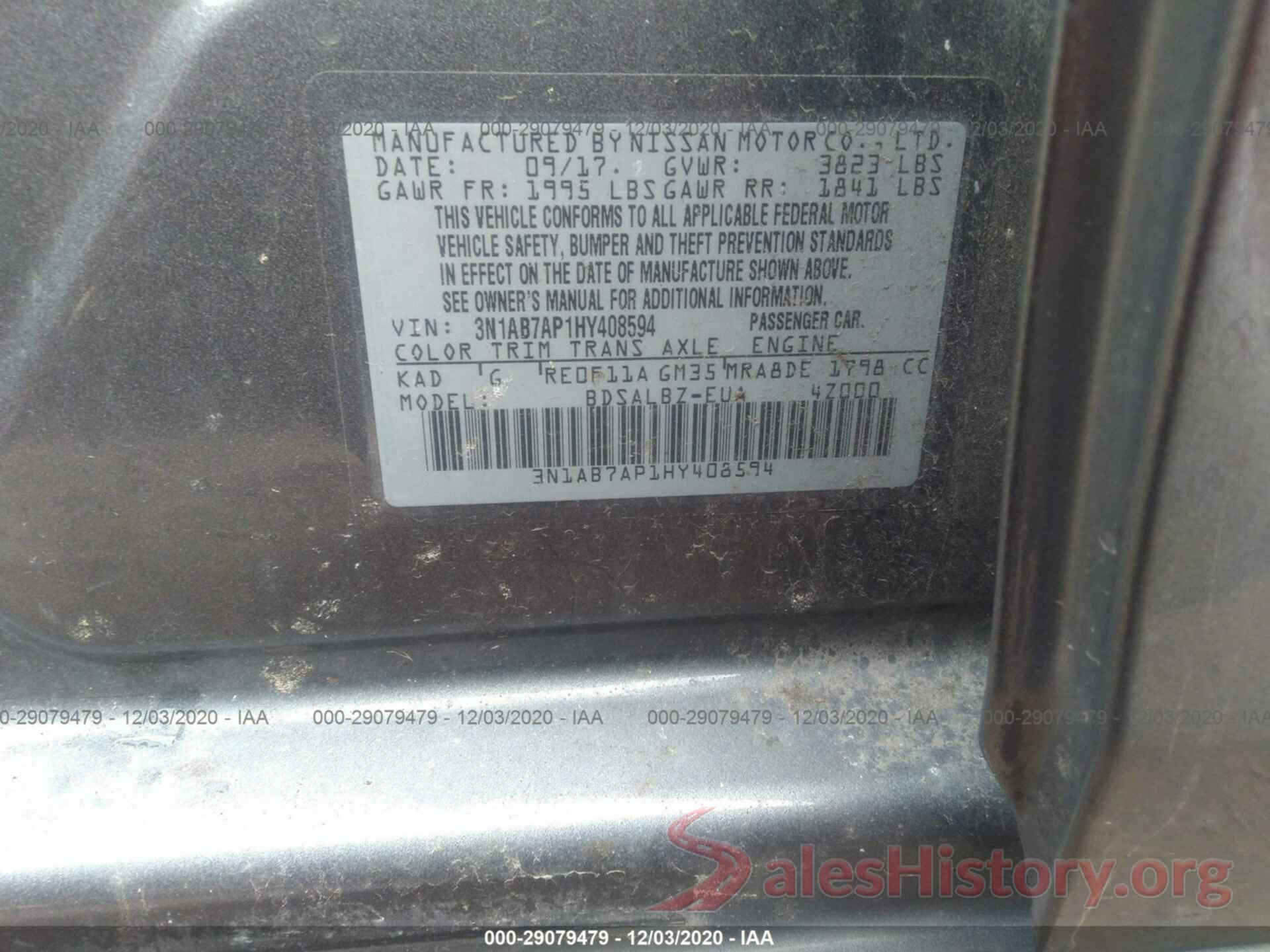 3N1AB7AP1HY408594 2017 NISSAN SENTRA