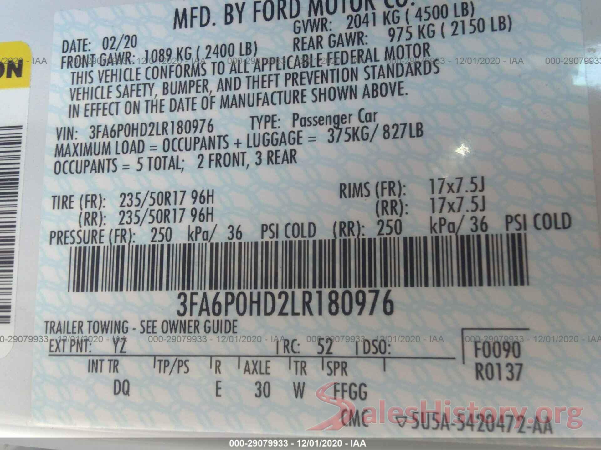 3FA6P0HD2LR180976 2020 FORD FUSION