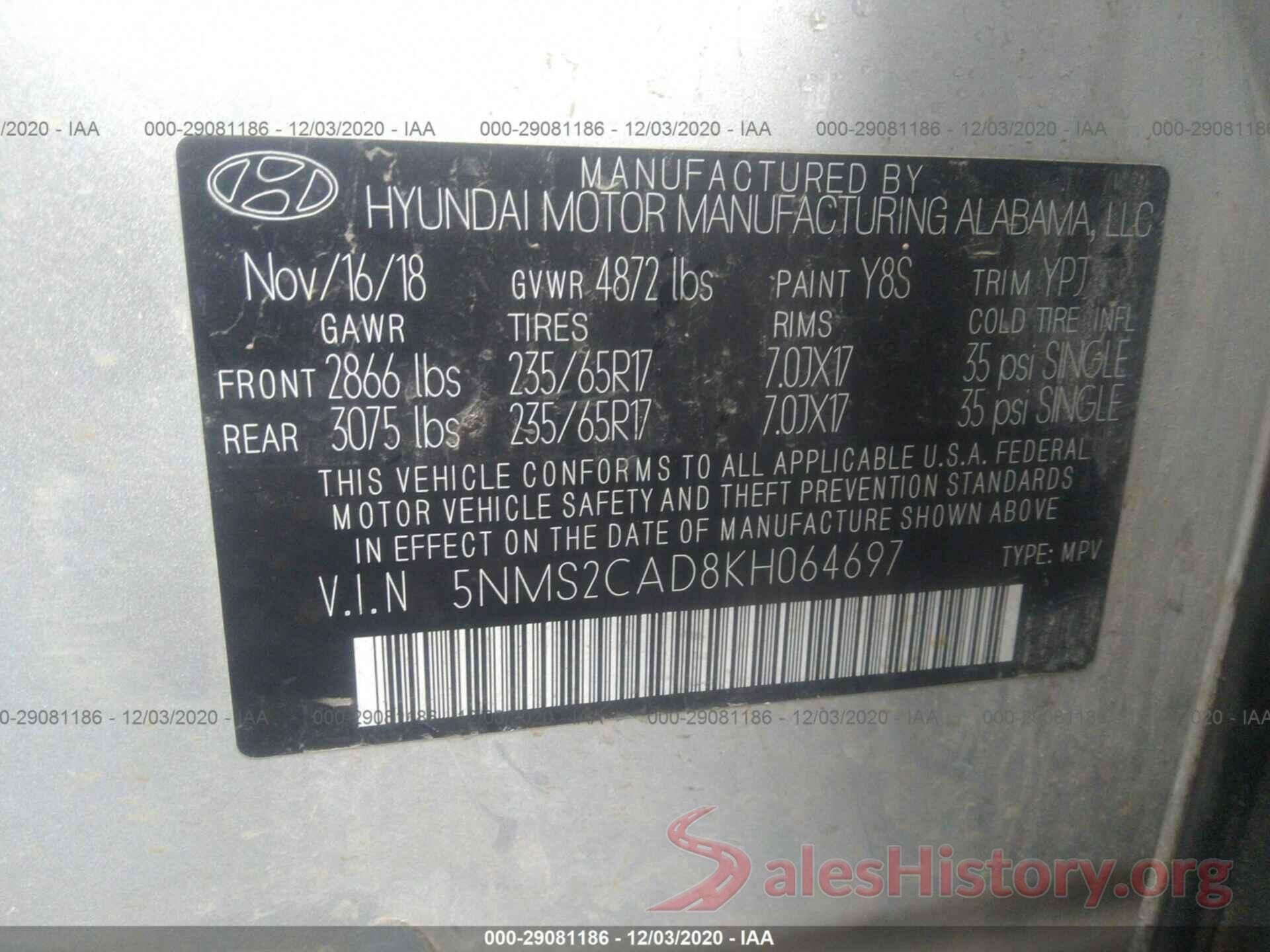 5NMS2CAD8KH064697 2019 HYUNDAI SANTA FE