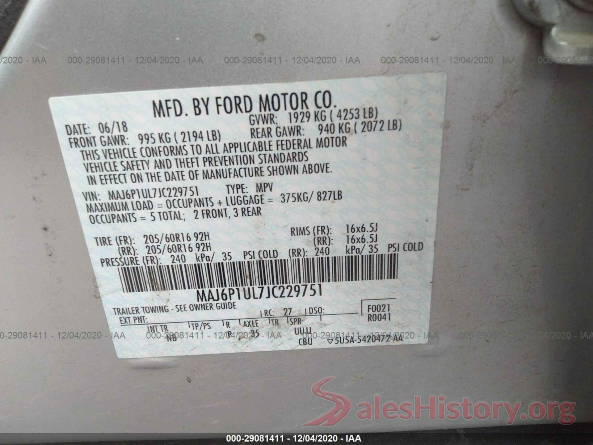 MAJ6P1UL7JC229751 2018 FORD ECOSPORT