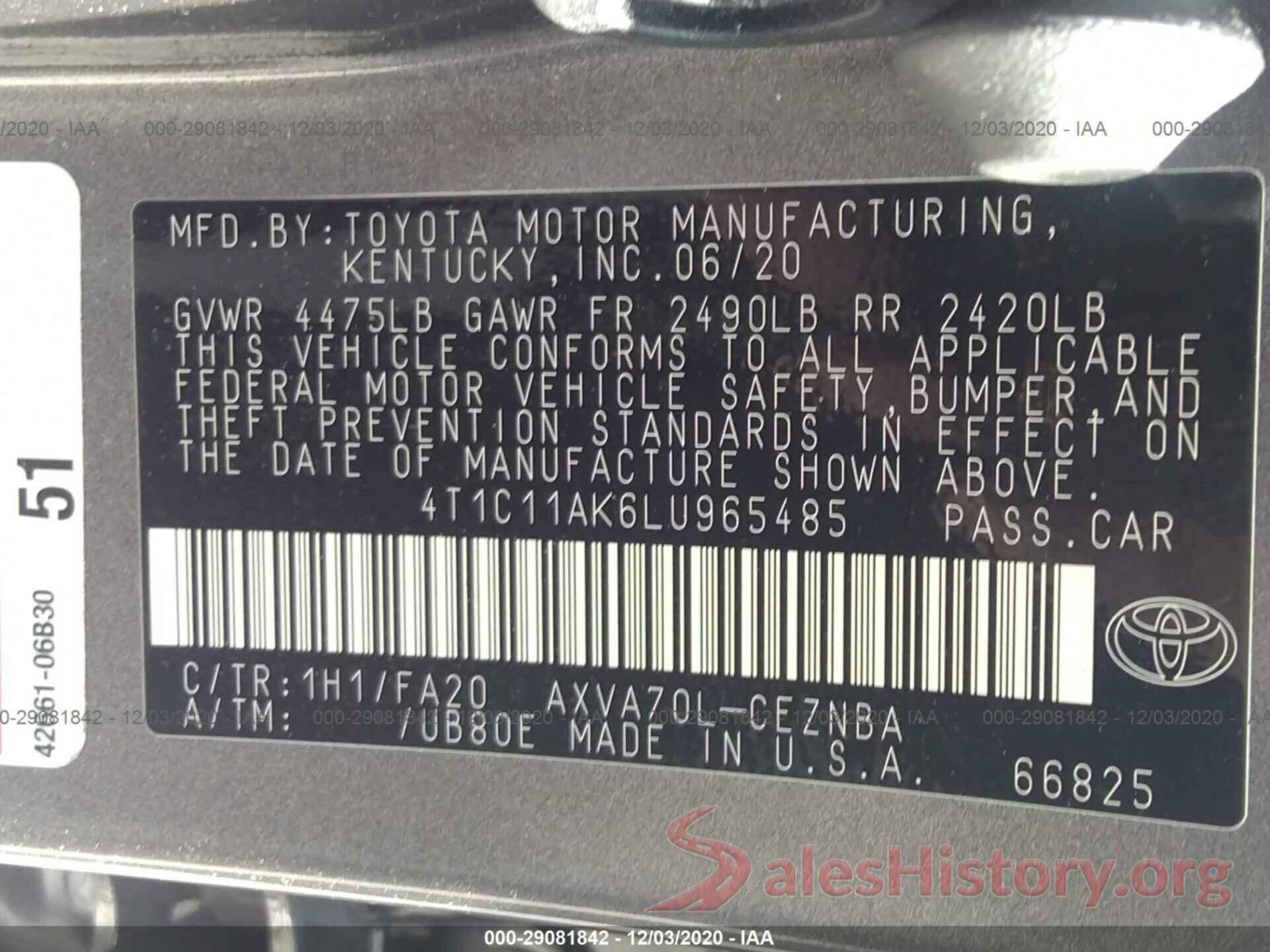 4T1C11AK6LU965485 2020 TOYOTA CAMRY