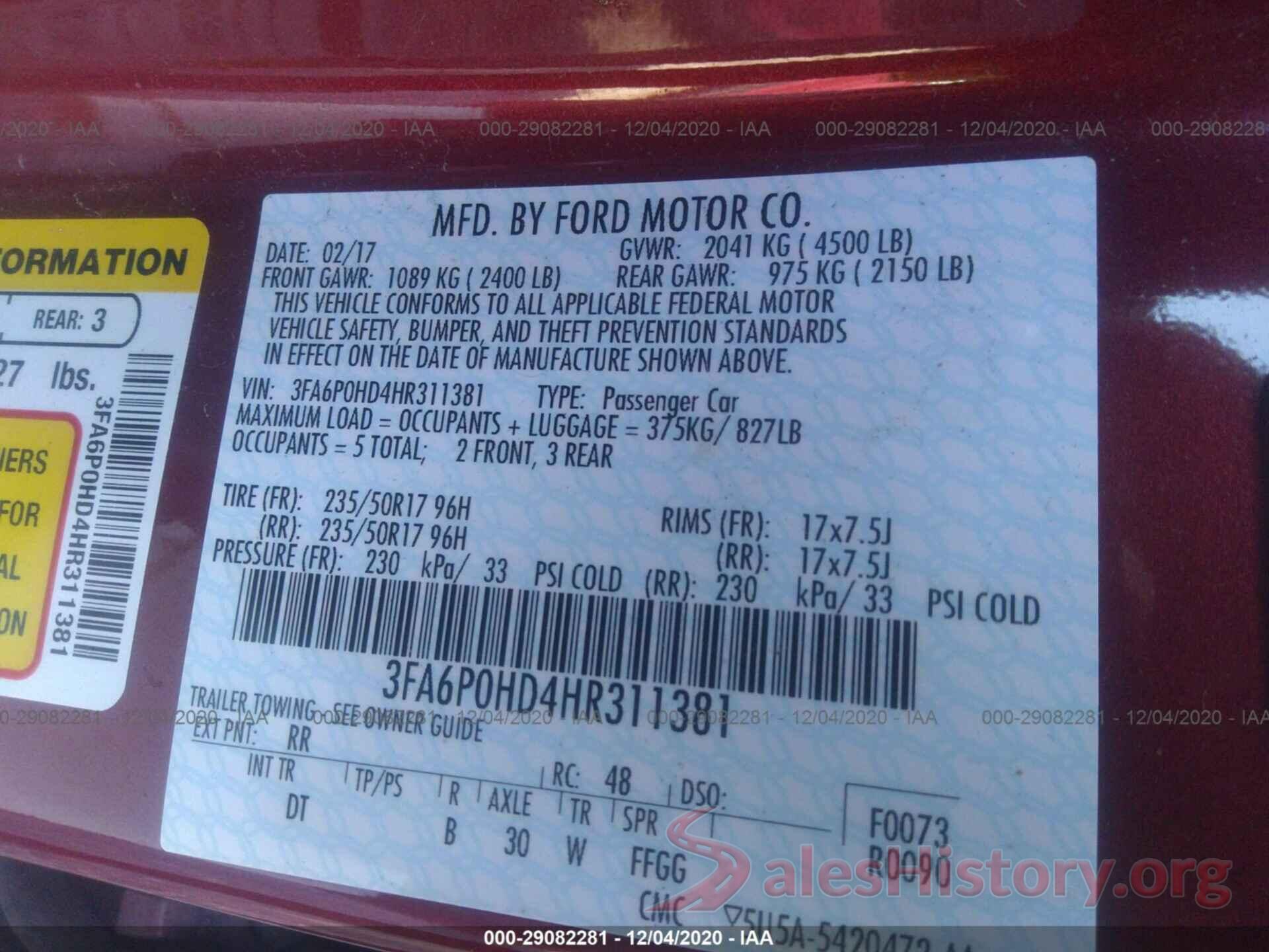 3FA6P0HD4HR311381 2017 FORD FUSION