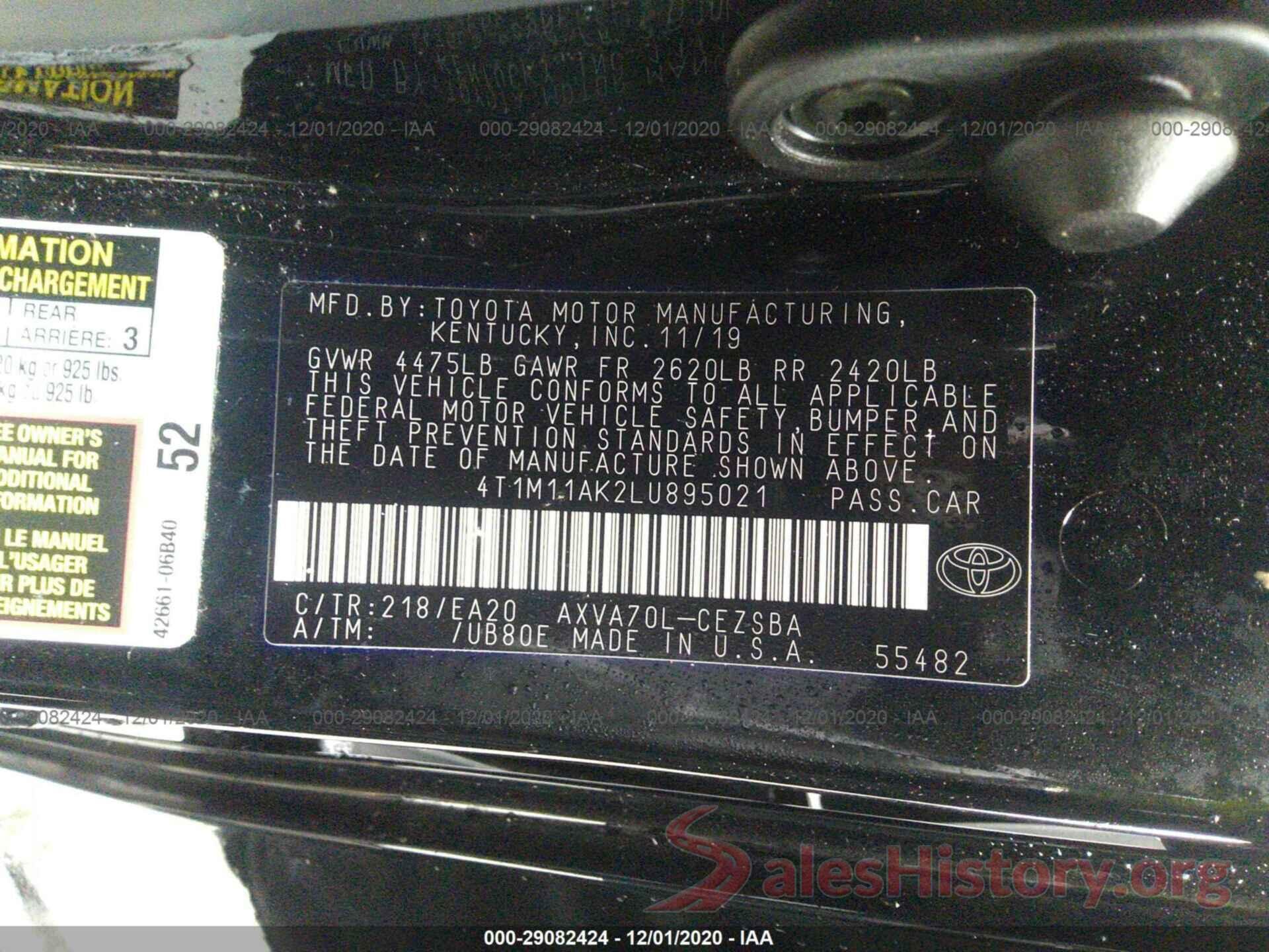 4T1M11AK2LU895021 2020 TOYOTA CAMRY