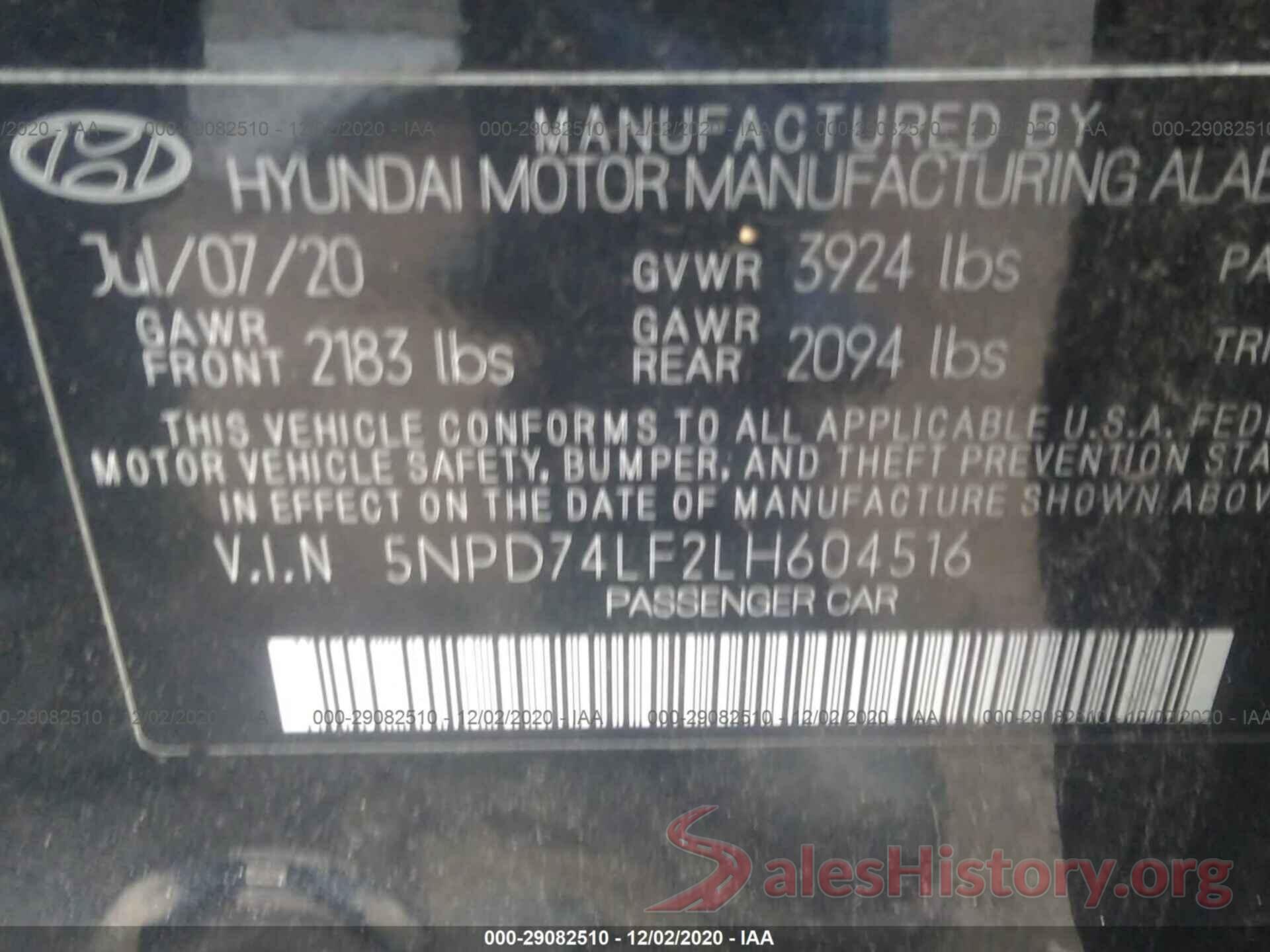 5NPD74LF2LH604516 2020 HYUNDAI ELANTRA