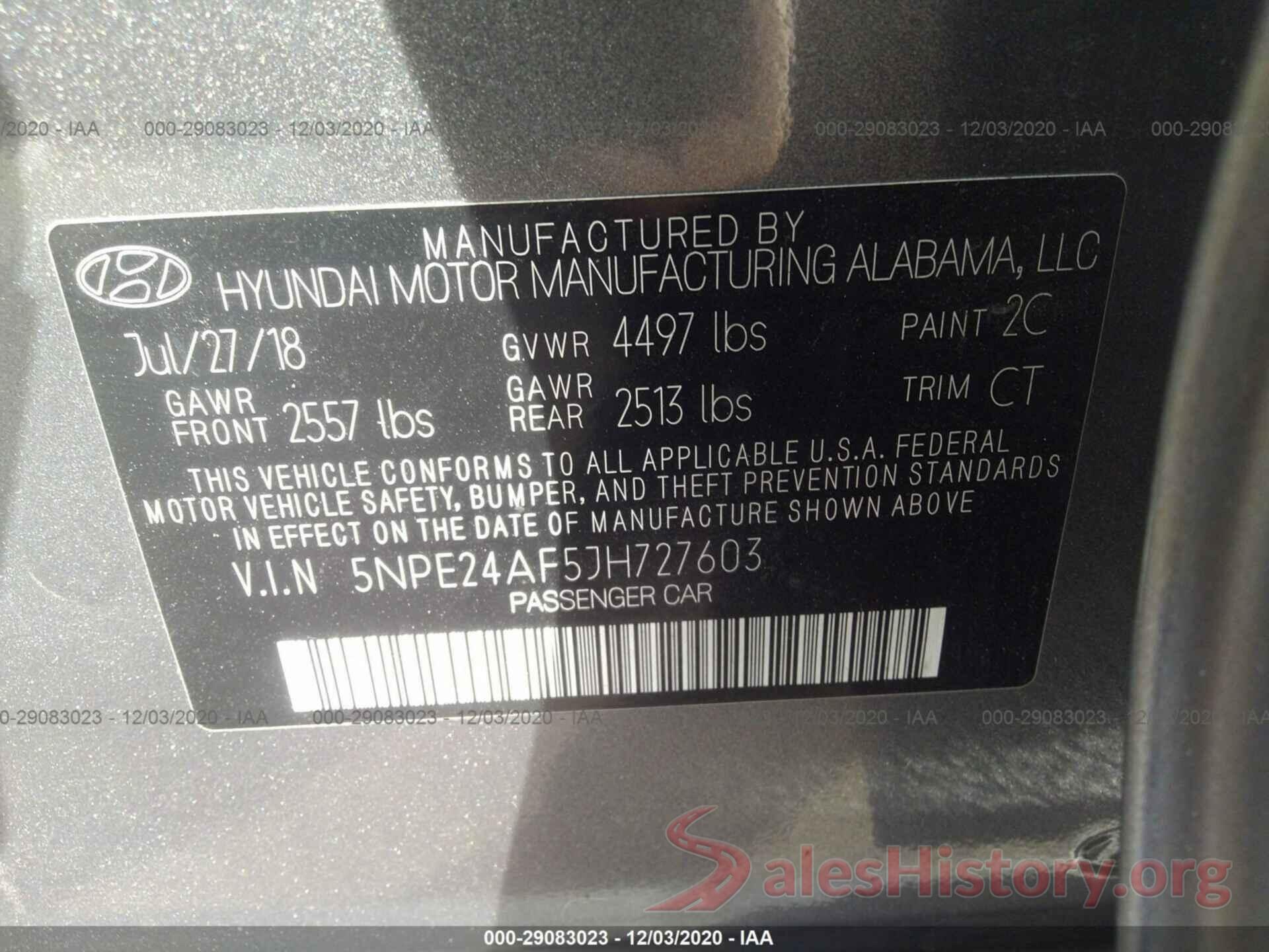 5NPE24AF5JH727603 2018 HYUNDAI SONATA