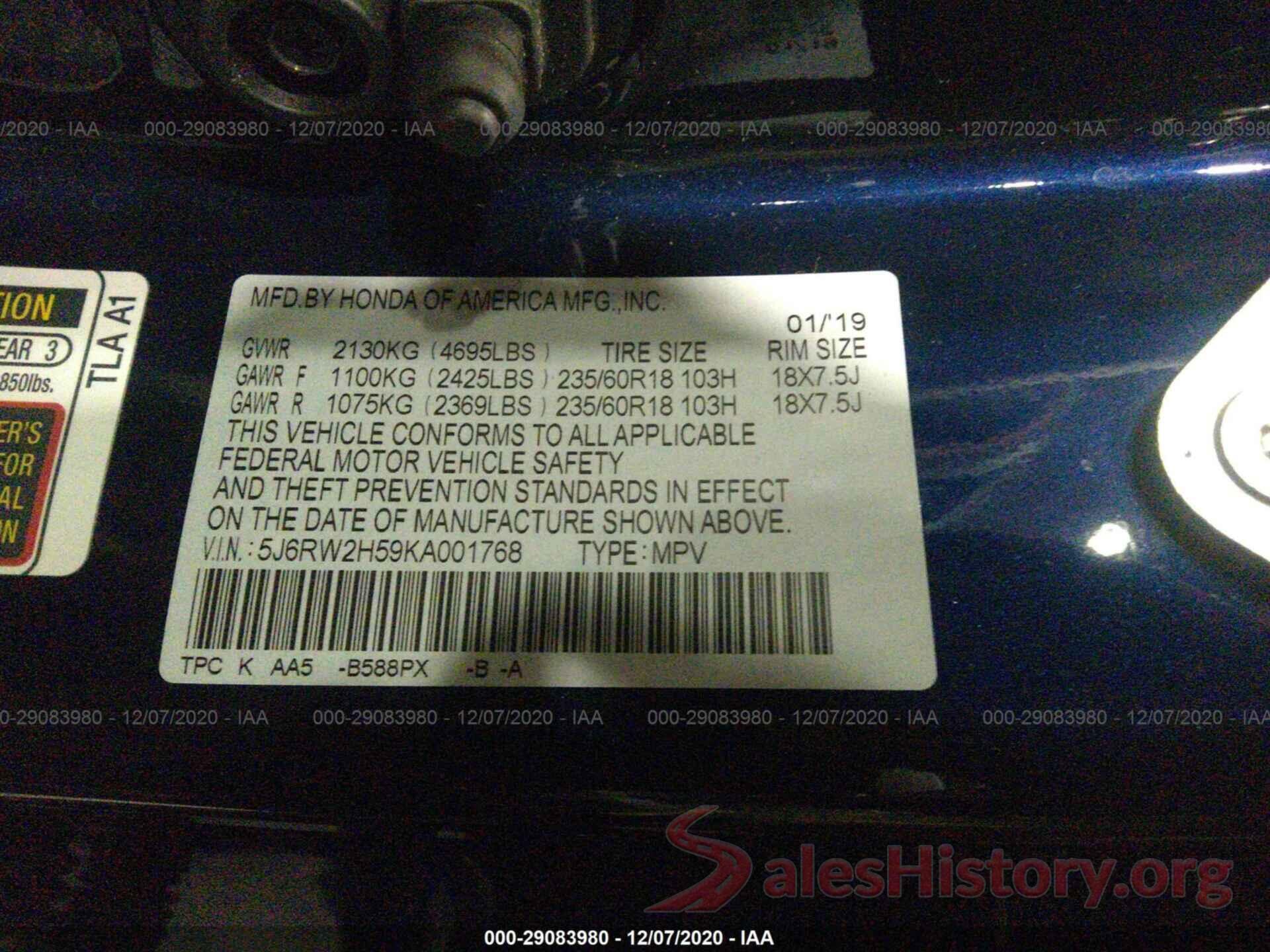 5J6RW2H59KA001768 2019 HONDA CR-V