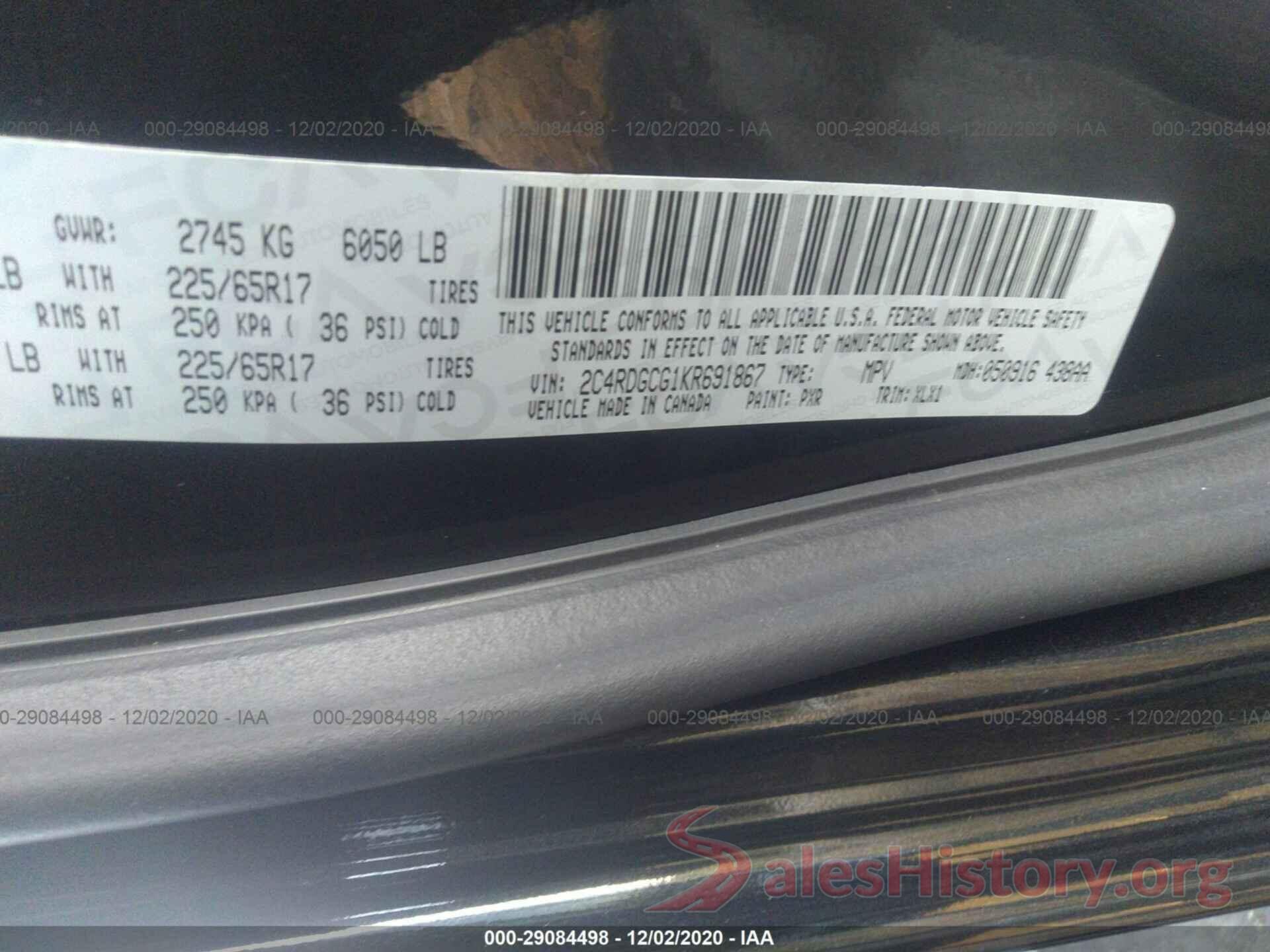 2C4RDGCG1KR691867 2019 DODGE GRAND CARAVAN