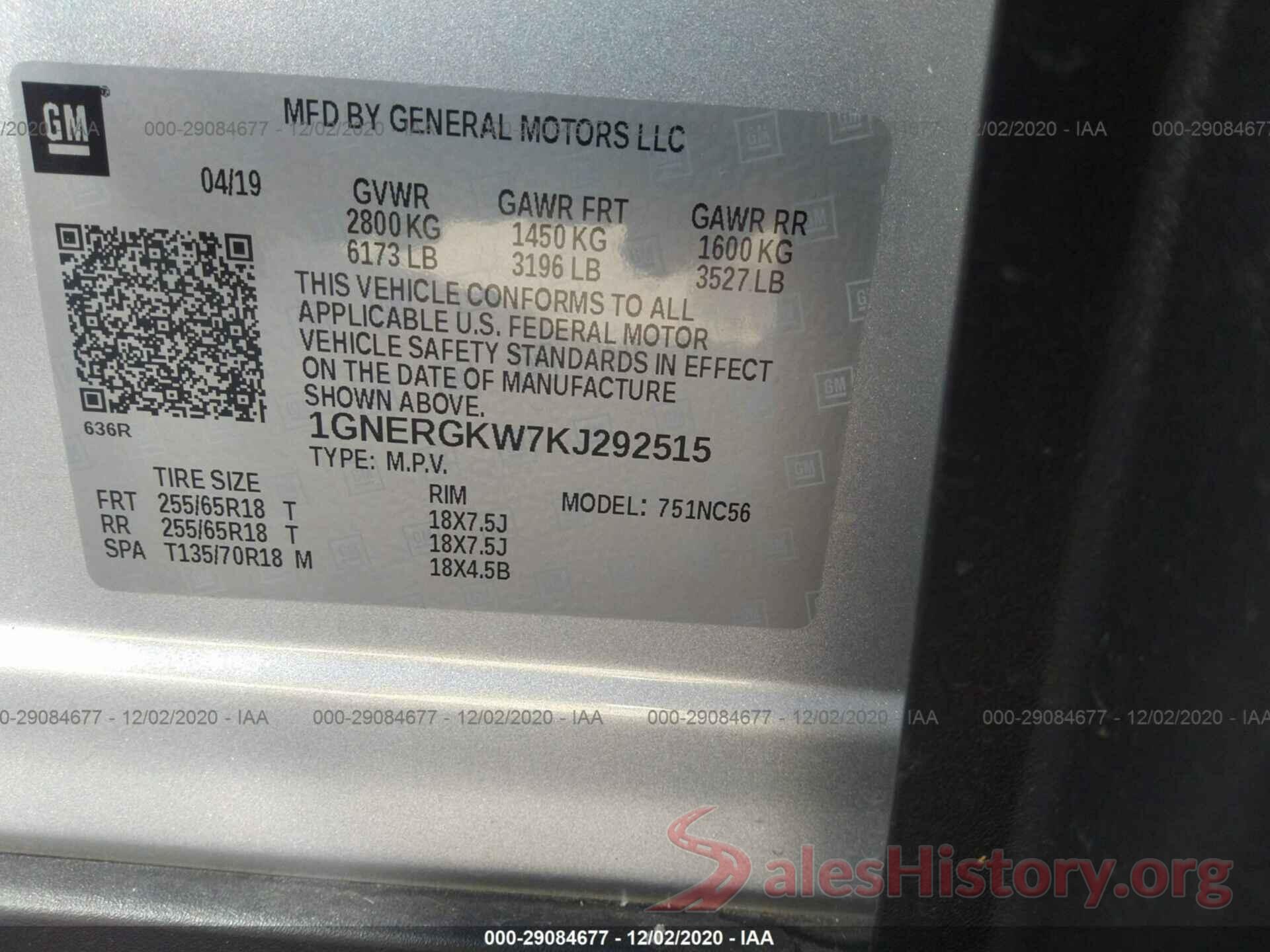 1GNERGKW7KJ292515 2019 CHEVROLET TRAVERSE