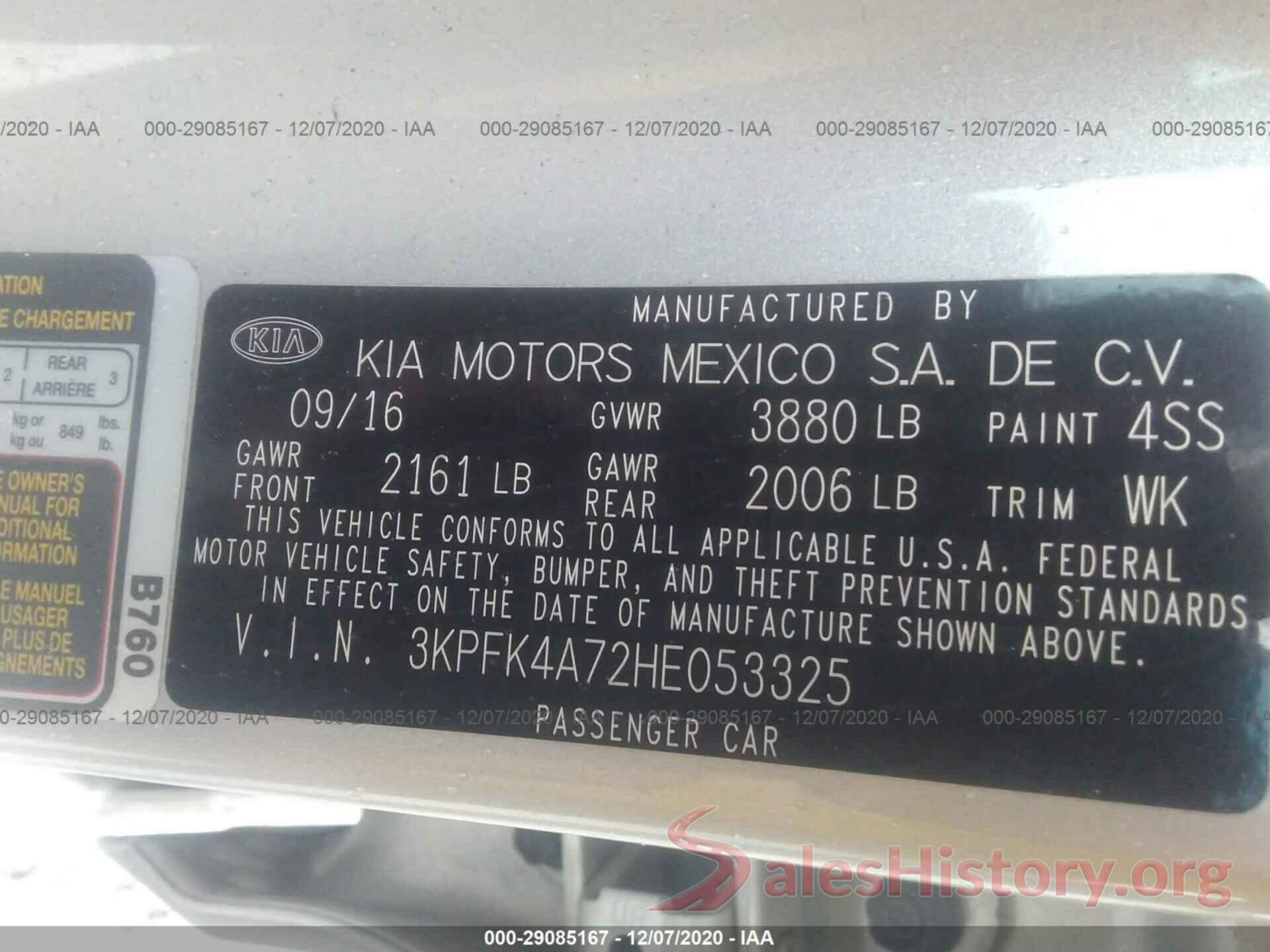 3KPFK4A72HE053325 2017 KIA FORTE